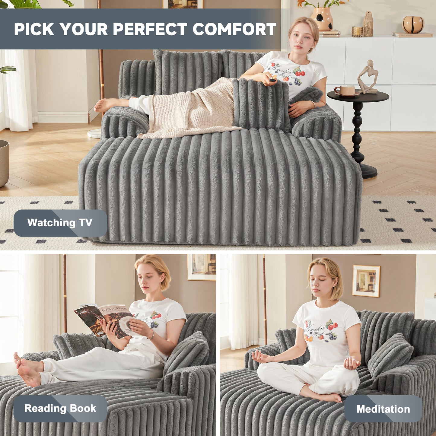 Mangodan53.5”W Oversized Chaise Lounge Chair Indoor, Boneless Couch with 4 Pillows, Cozy Reading Chairs with Wide Arms