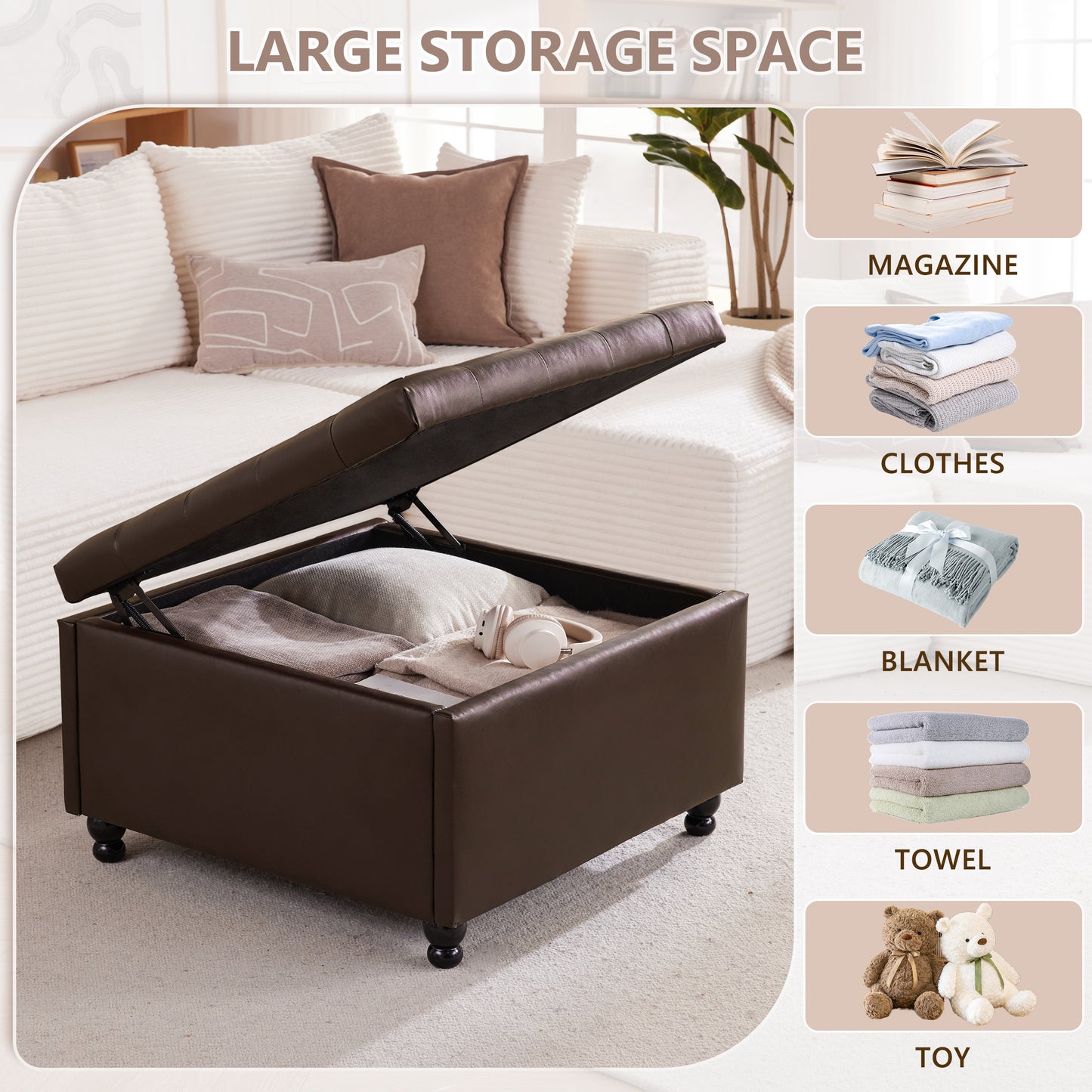 30 Inch Large Square Storage Ottoman Coffee Table, Oversized Square Ottoman with Storage