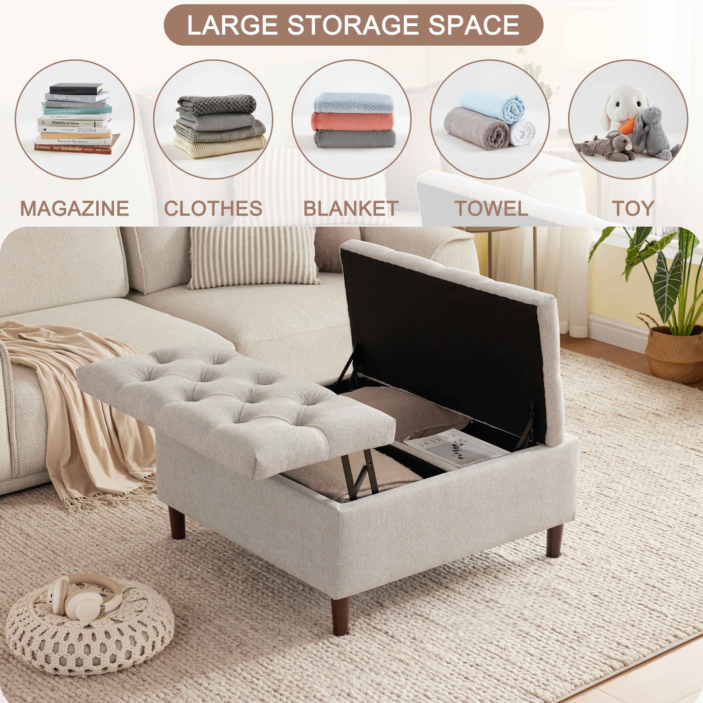 35 Inch Extra Large Storage Ottoman Coffee Table, No Assembly Required