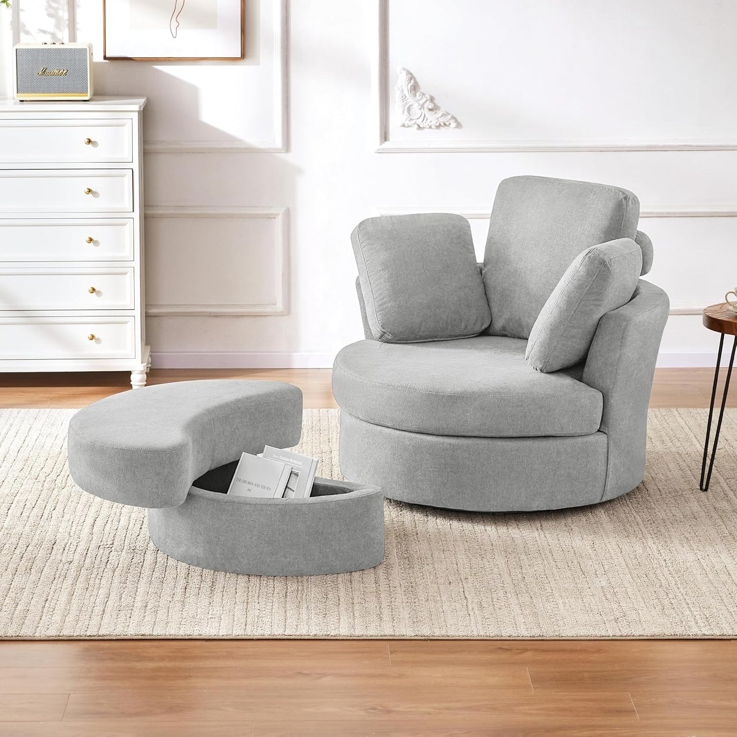 Mangodan39” Swivel Accent Barrel Chairs with Removable Headrest, Chaise Lounge Indoor with Neck Support Pillow, Swivel Chairs for Living Room