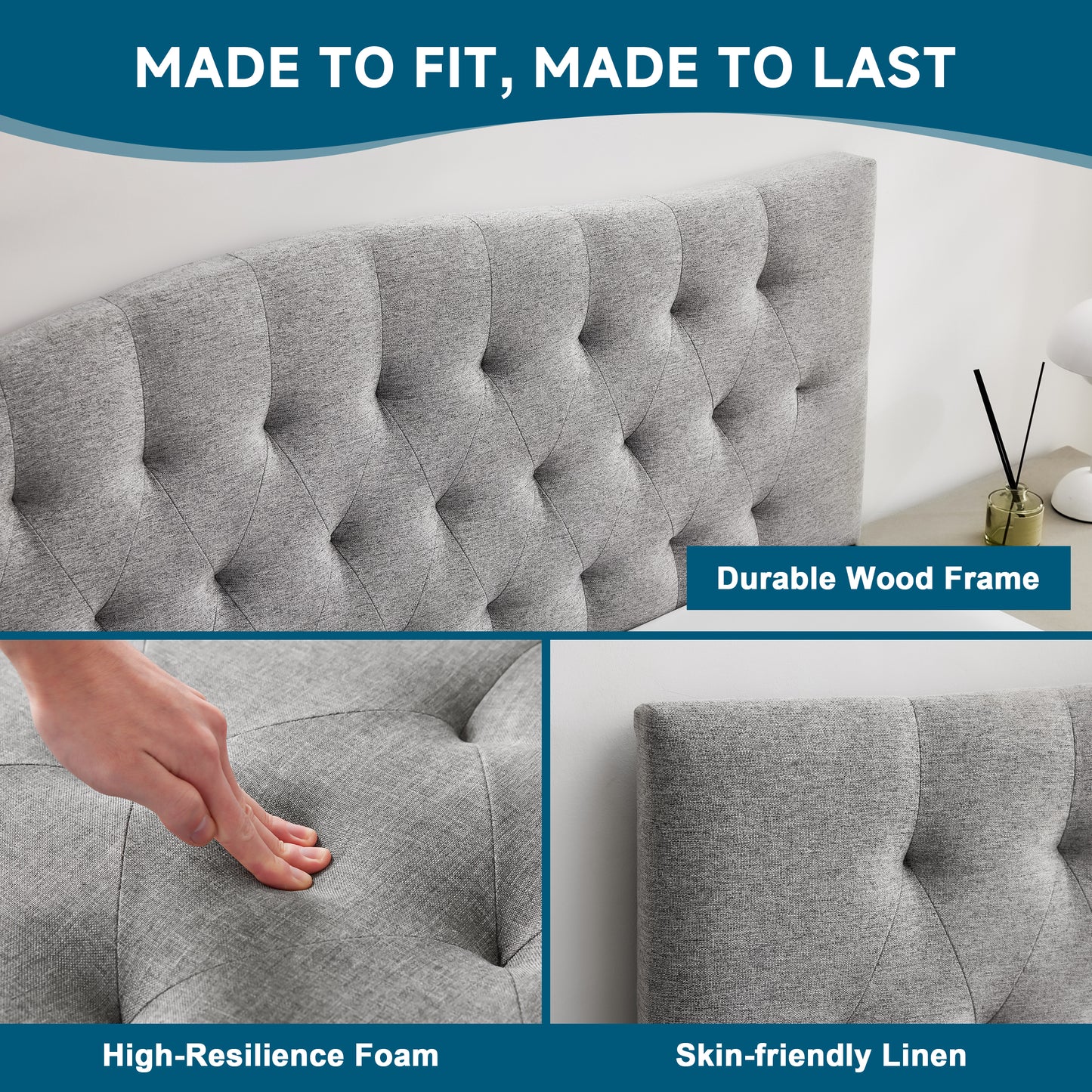 Tufted Upholstered Linen Fabric，Durable Modern Diamond Design Wood Headboads