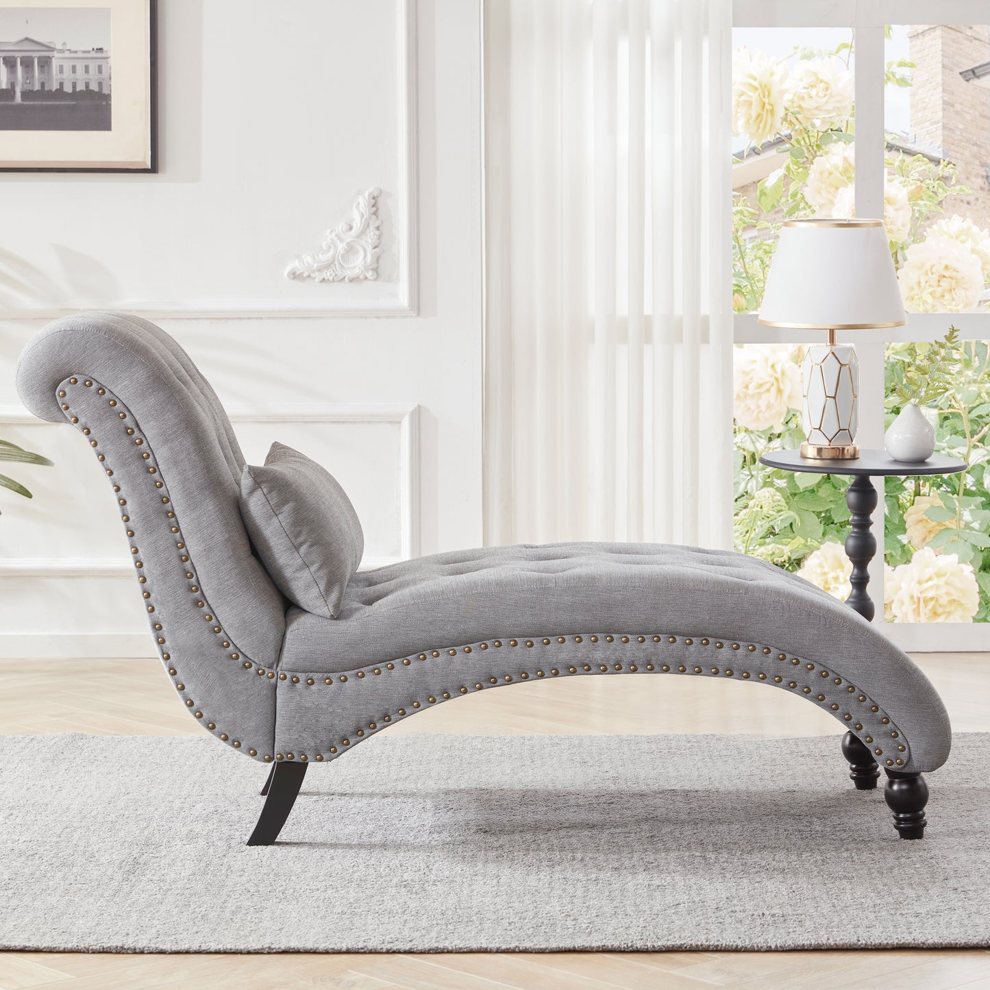 MangodanTufted Soft Chaise Lounge Indoor, Linen Rivets Chaise Lounge Chair for Bedroom Living Room