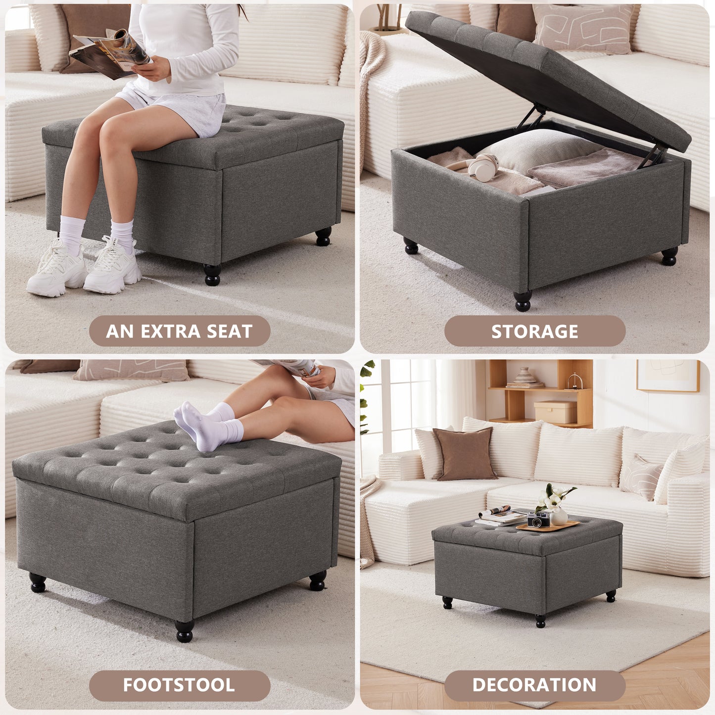 30 Inch Large Square Storage Ottoman Coffee Table, Oversized Square Ottoman with Storage