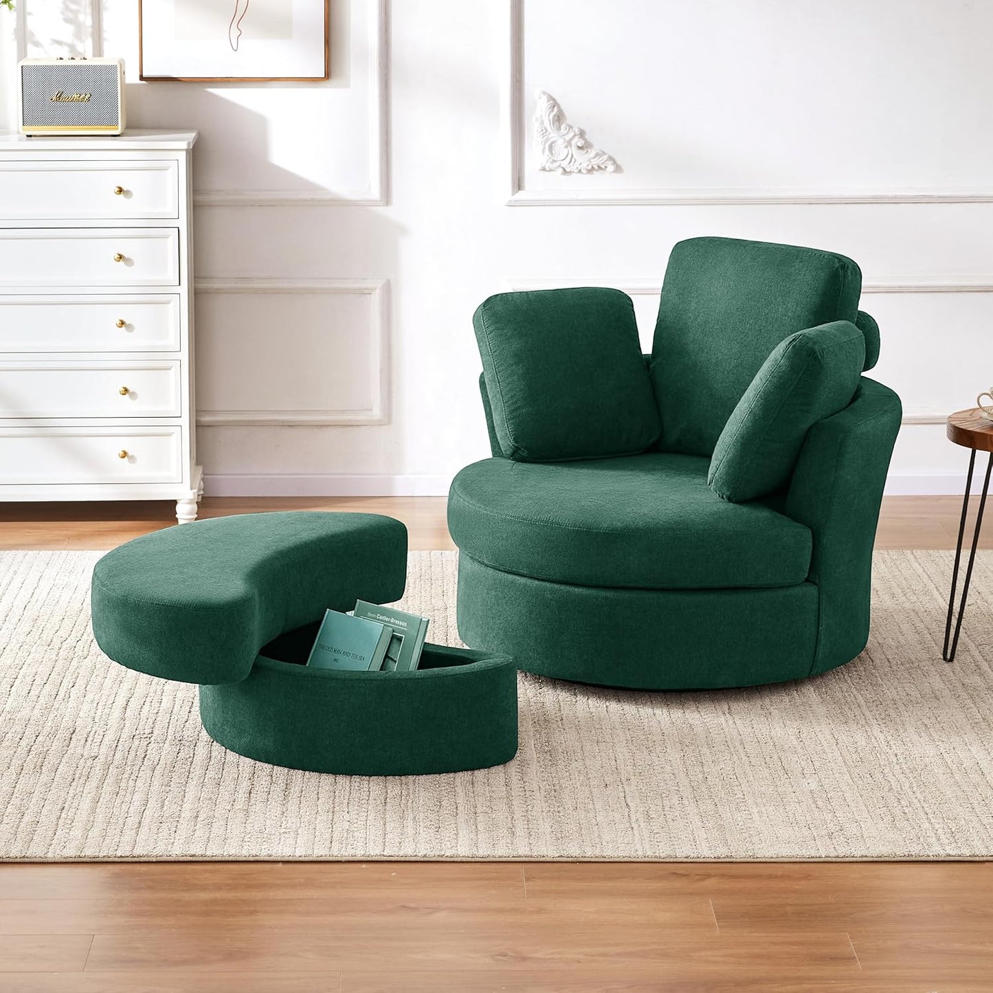 Mangodan39” Swivel Accent Barrel Chairs with Removable Headrest, Chaise Lounge Indoor with Neck Support Pillow, Swivel Chairs for Living Room