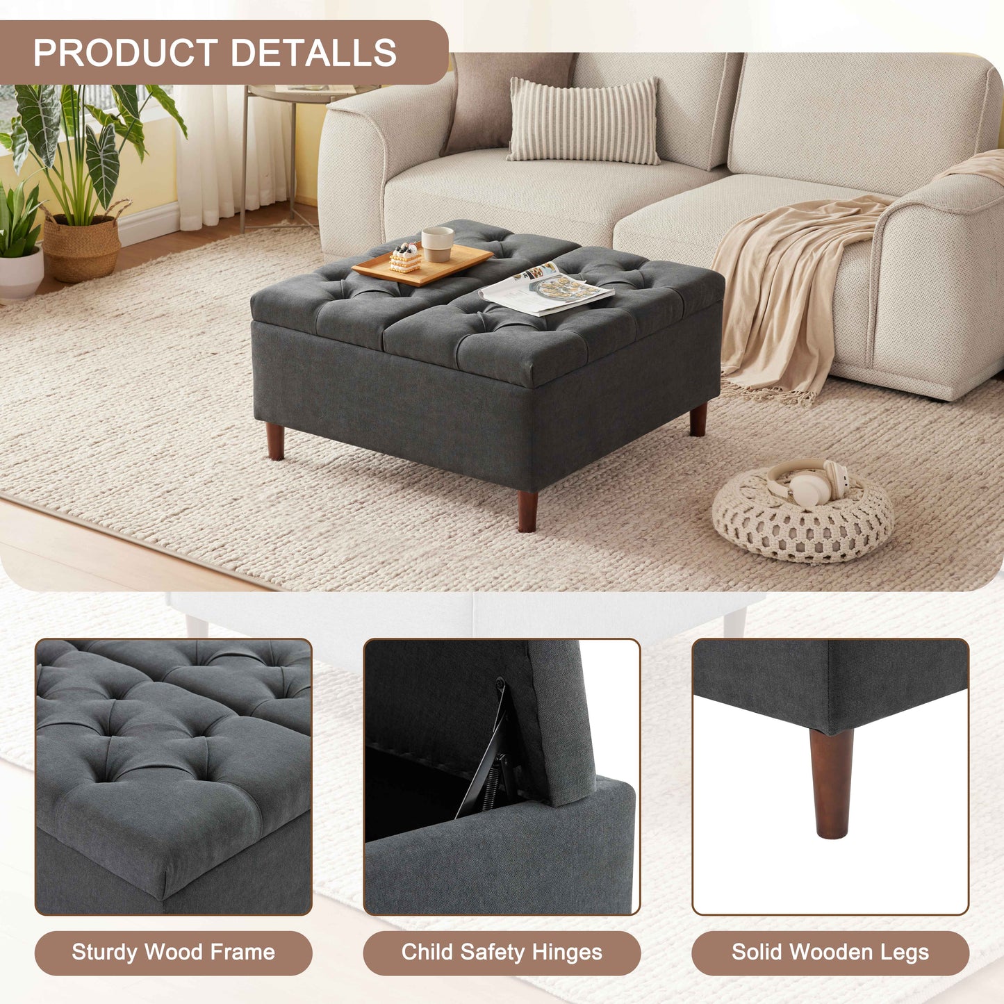 35 Inch Extra Large Storage Ottoman Coffee Table, No Assembly Required