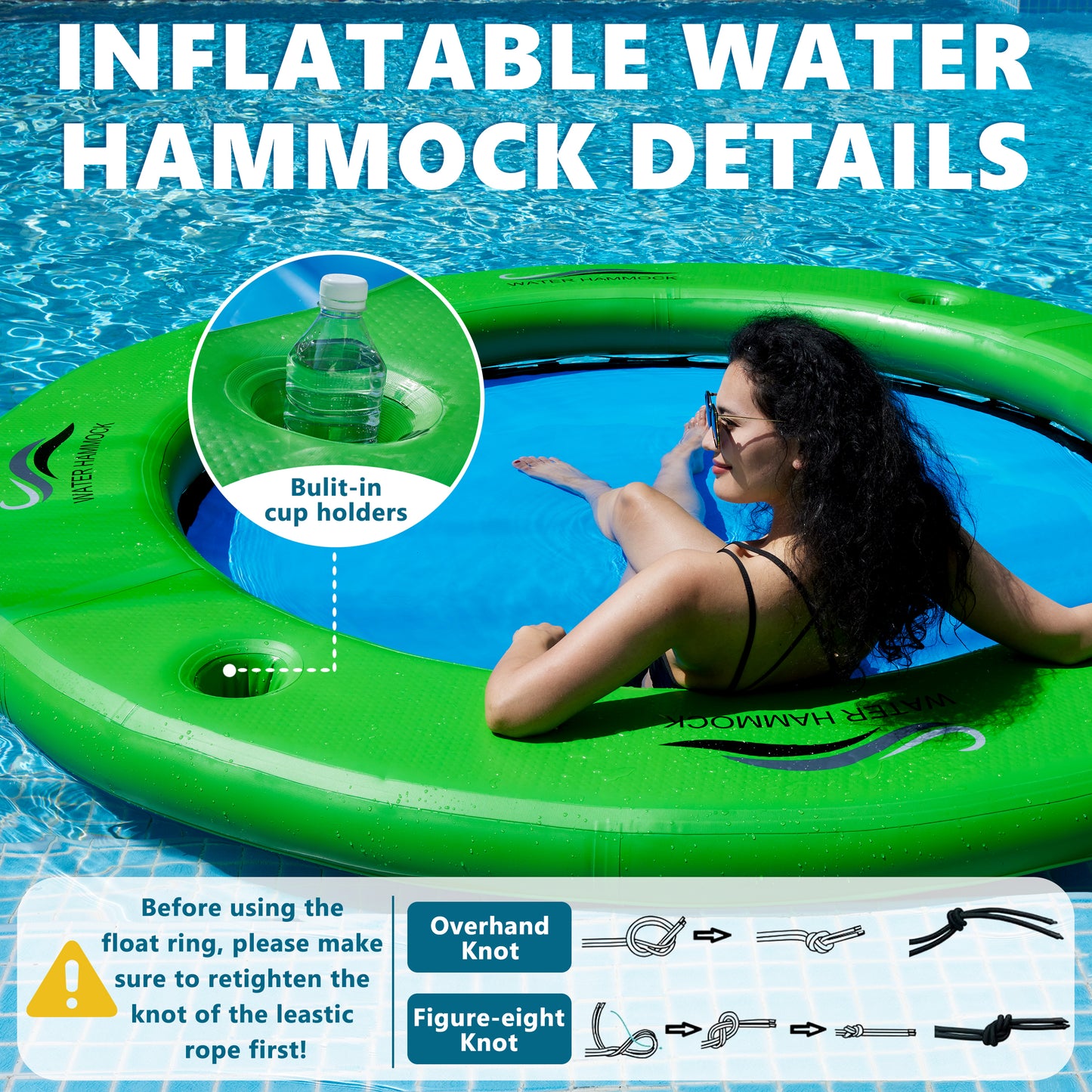 SunChill Float Ring for Adults Heavy Duty, 8ft Round Inflatable Water Hammock with Cup Holders