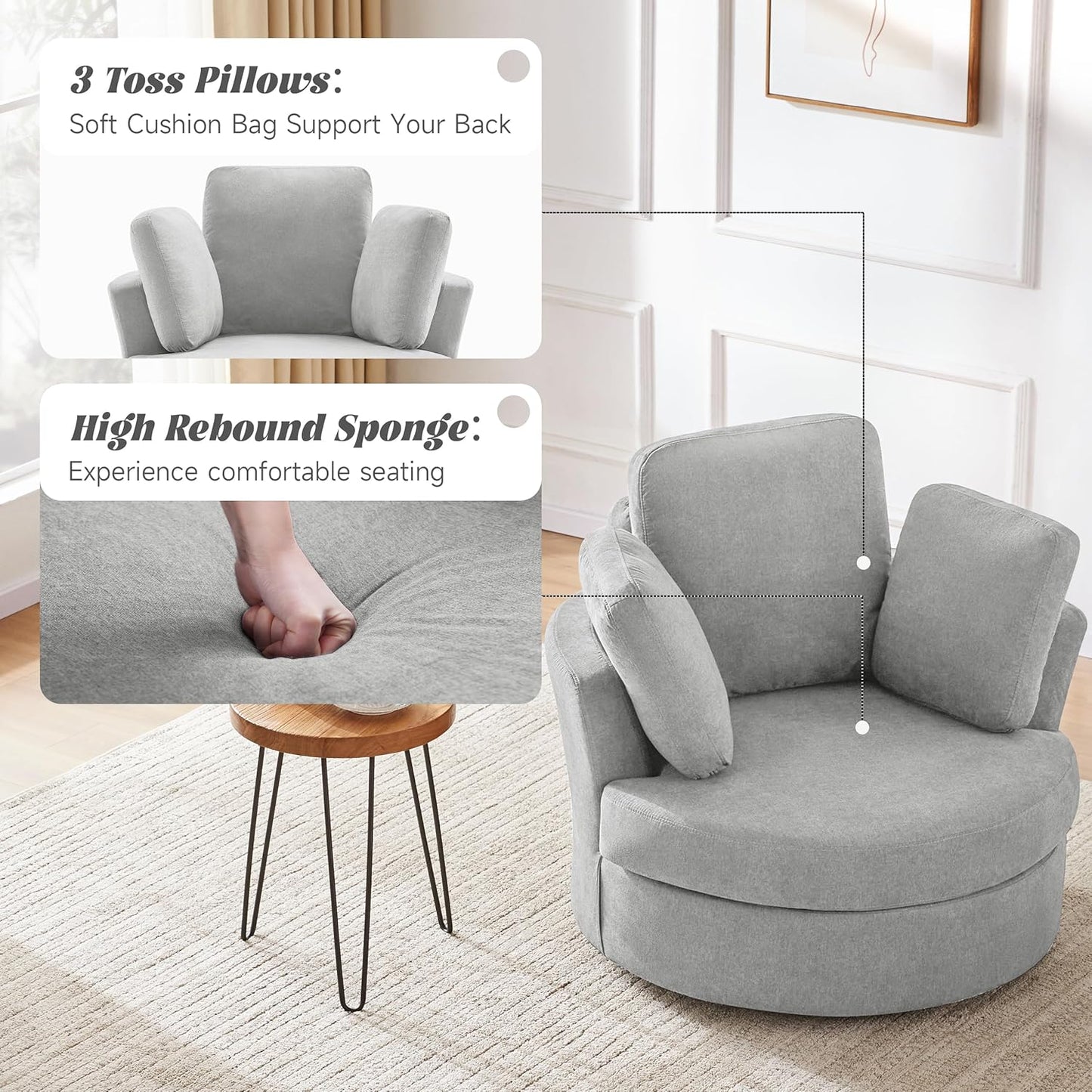 Mangodan39” Swivel Accent Barrel Chairs with Removable Headrest, Chaise Lounge Indoor with Neck Support Pillow, Swivel Chairs for Living Room