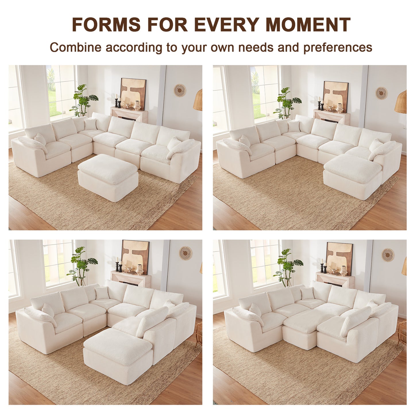 Mangodan  Sectional Couch, Boneless couches for Living Room, U Shaped Couch with Convertible Ottoman