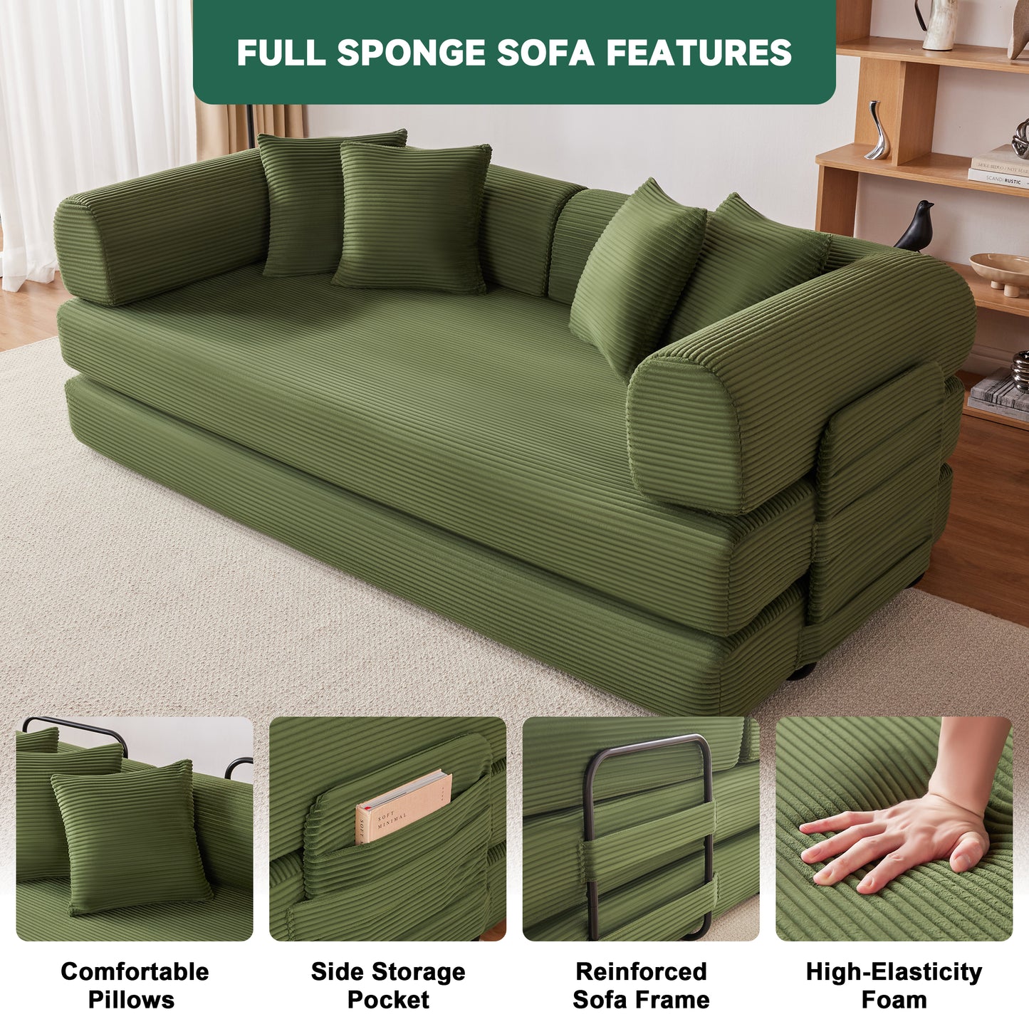 78 Inch Corduroy Convertible Sleeper Sofa Bed, 4-in-1 Oversized Futon Boneless Couches for Living Room with Fixed-Shape Frame