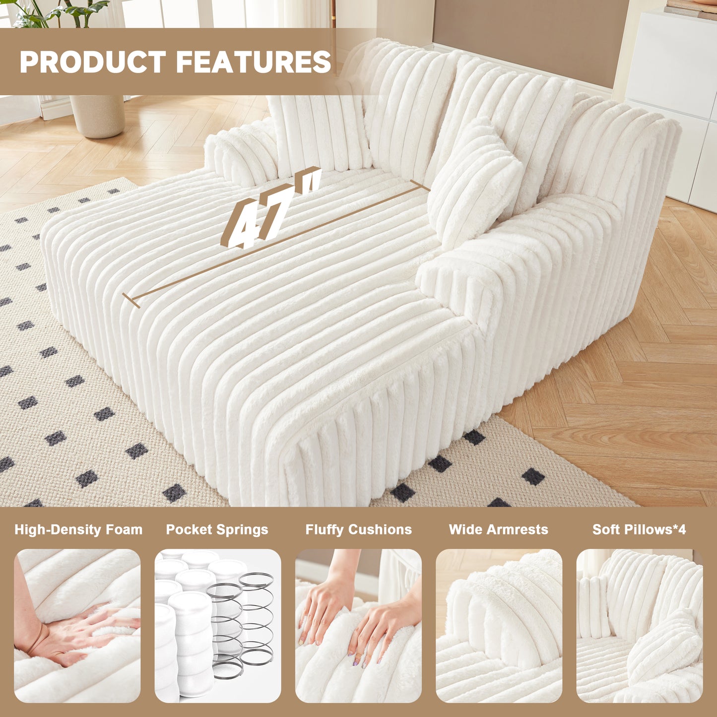 Mangodan53.5”W Oversized Chaise Lounge Chair Indoor, Boneless Couch with 4 Pillows, Cozy Reading Chairs with Wide Arms