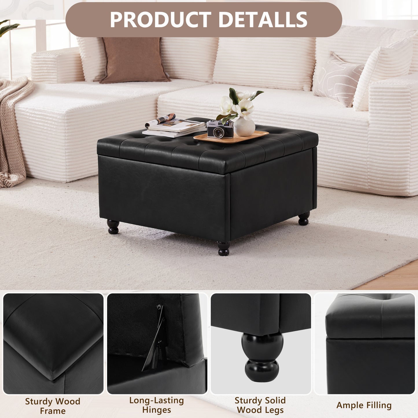 30 Inch Large Square Storage Ottoman Coffee Table, Oversized Square Ottoman with Storage