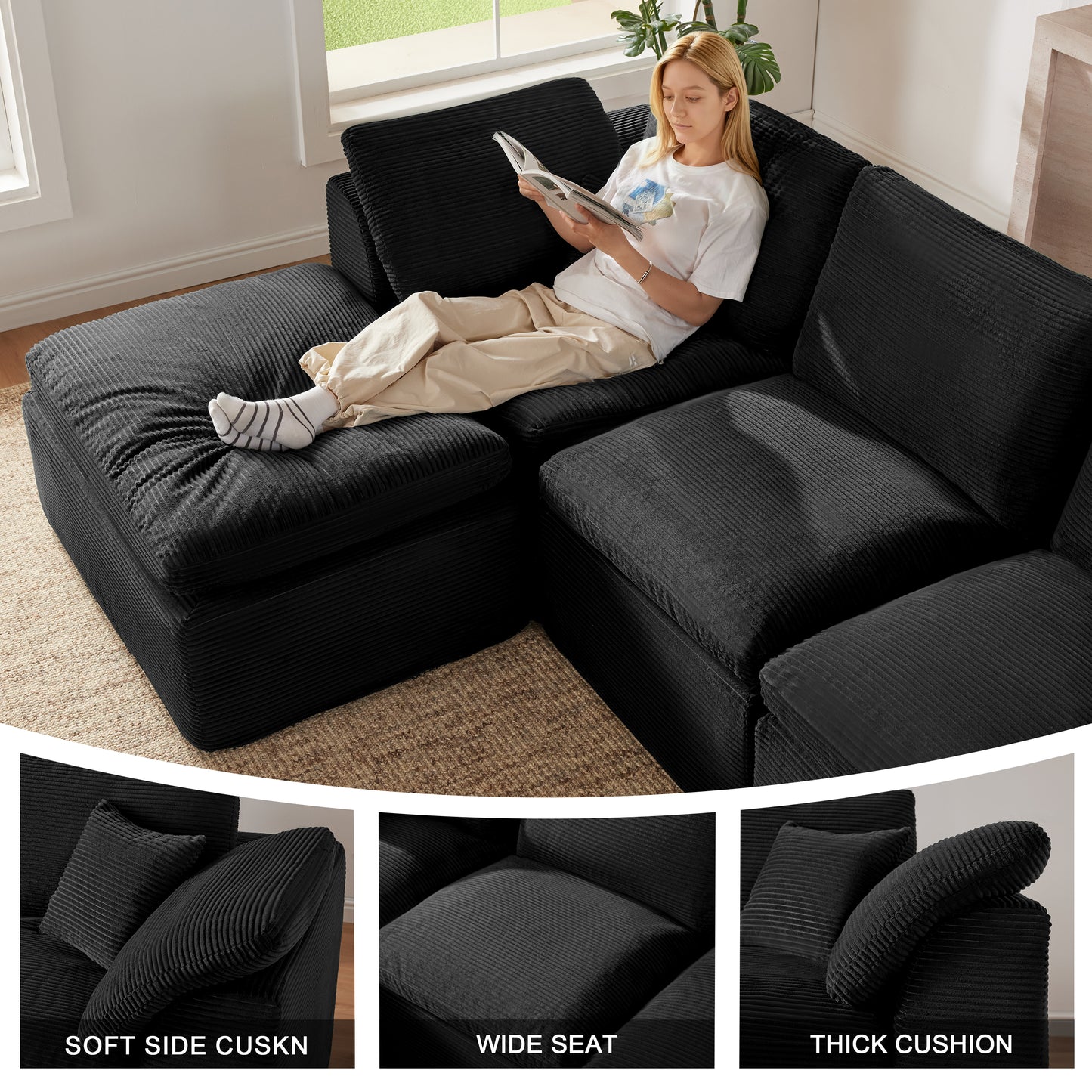 Mangodan  Sectional Couch, Boneless couches for Living Room, U Shaped Couch with Convertible Ottoman