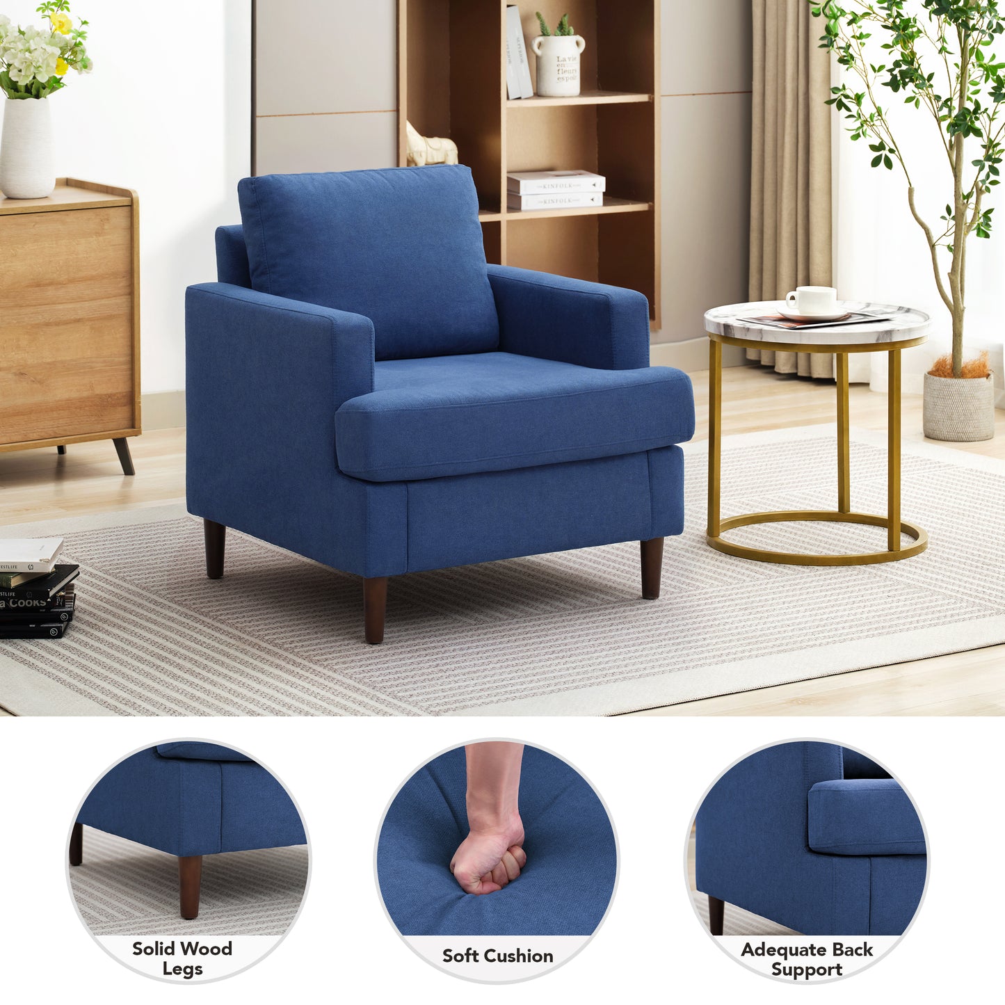 Mid-Century Accent Chair,Modern Linen Fabric Armchair for Living Room