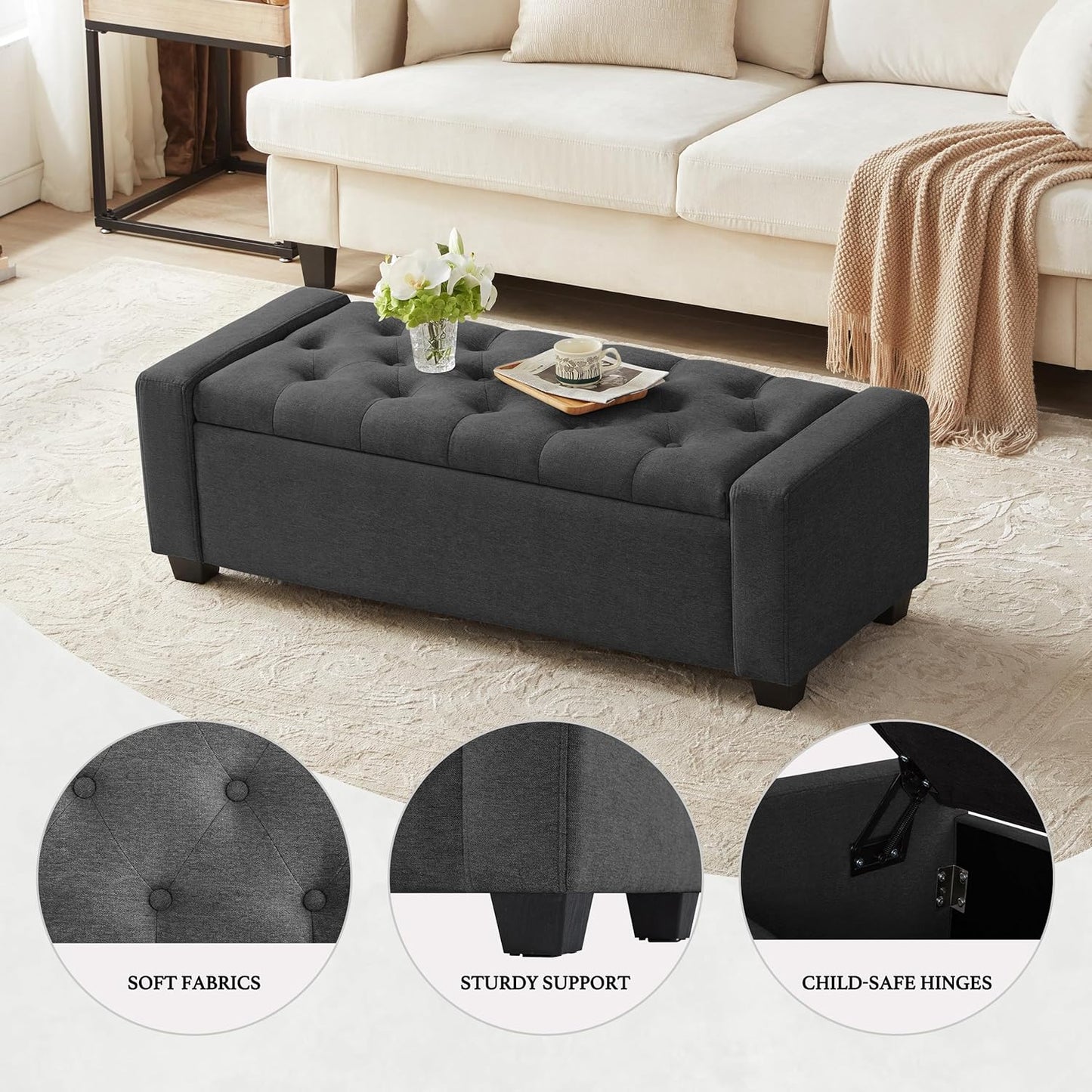 Huatean Home48" Ottoman with Storage, Storage Ottoman Bench with Safety Hinge