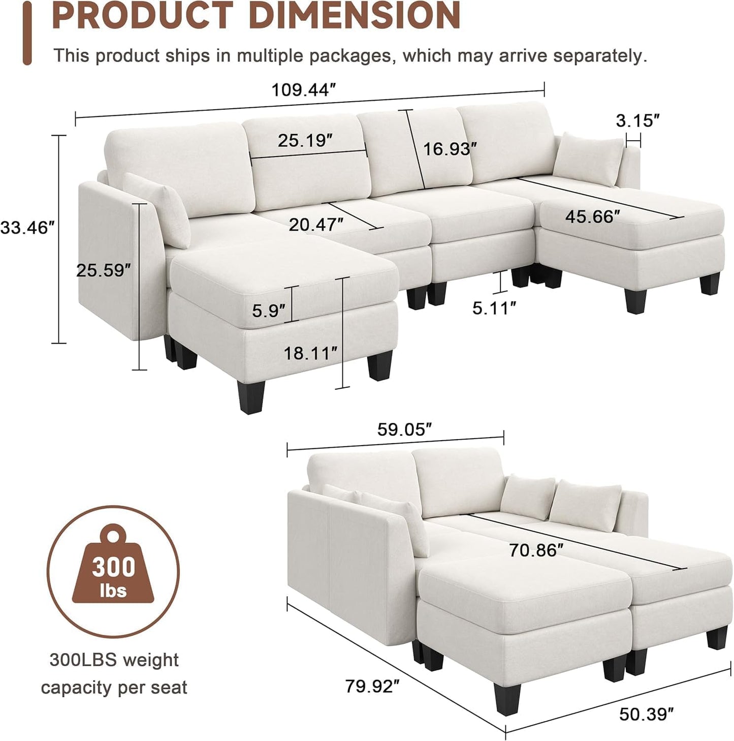 Huatean HomeModular Sectional Sofa, Convertible U Shaped Sofa Couch with High Density Memory Foam