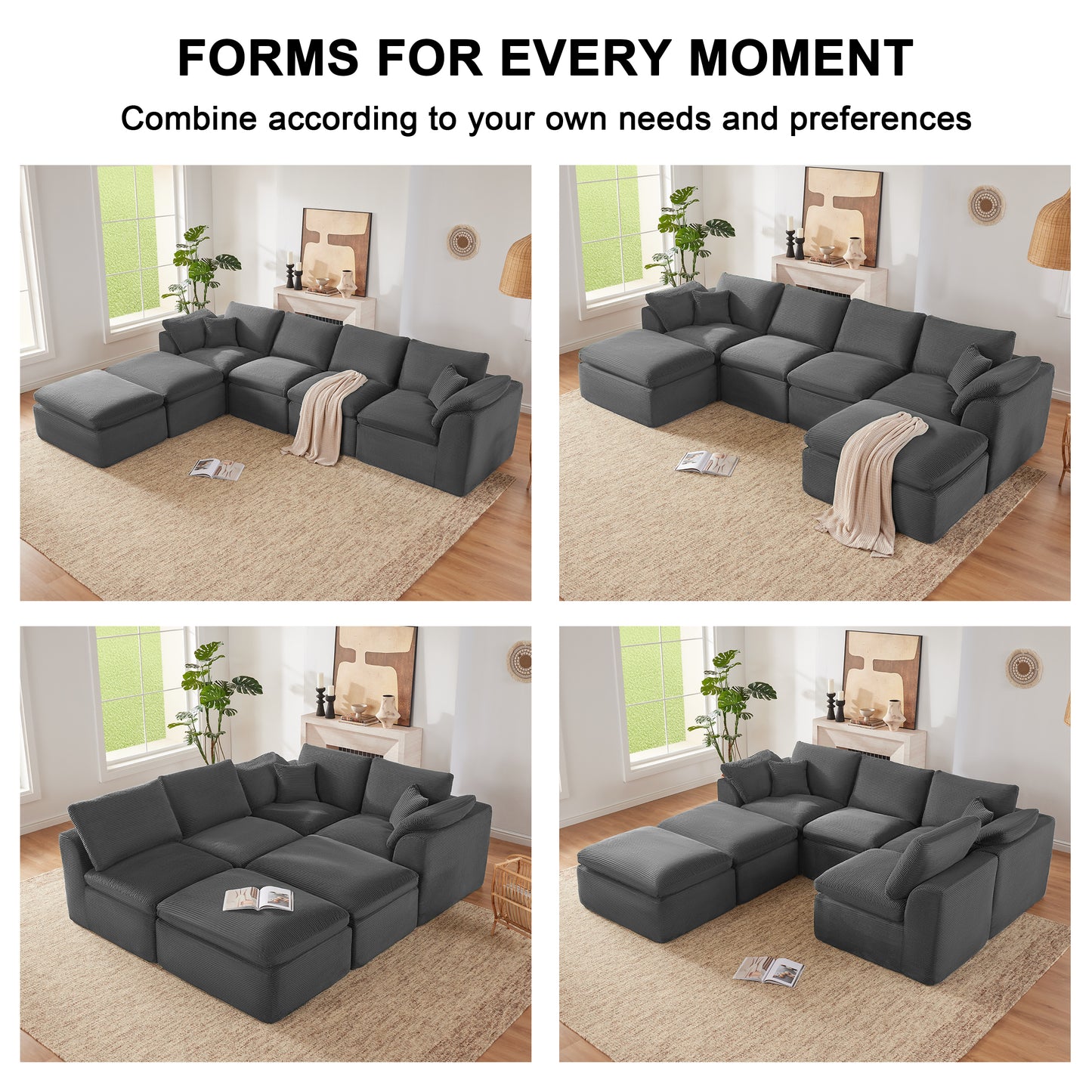 Mangodan  Sectional Couch, Boneless couches for Living Room, U Shaped Couch with Convertible Ottoman