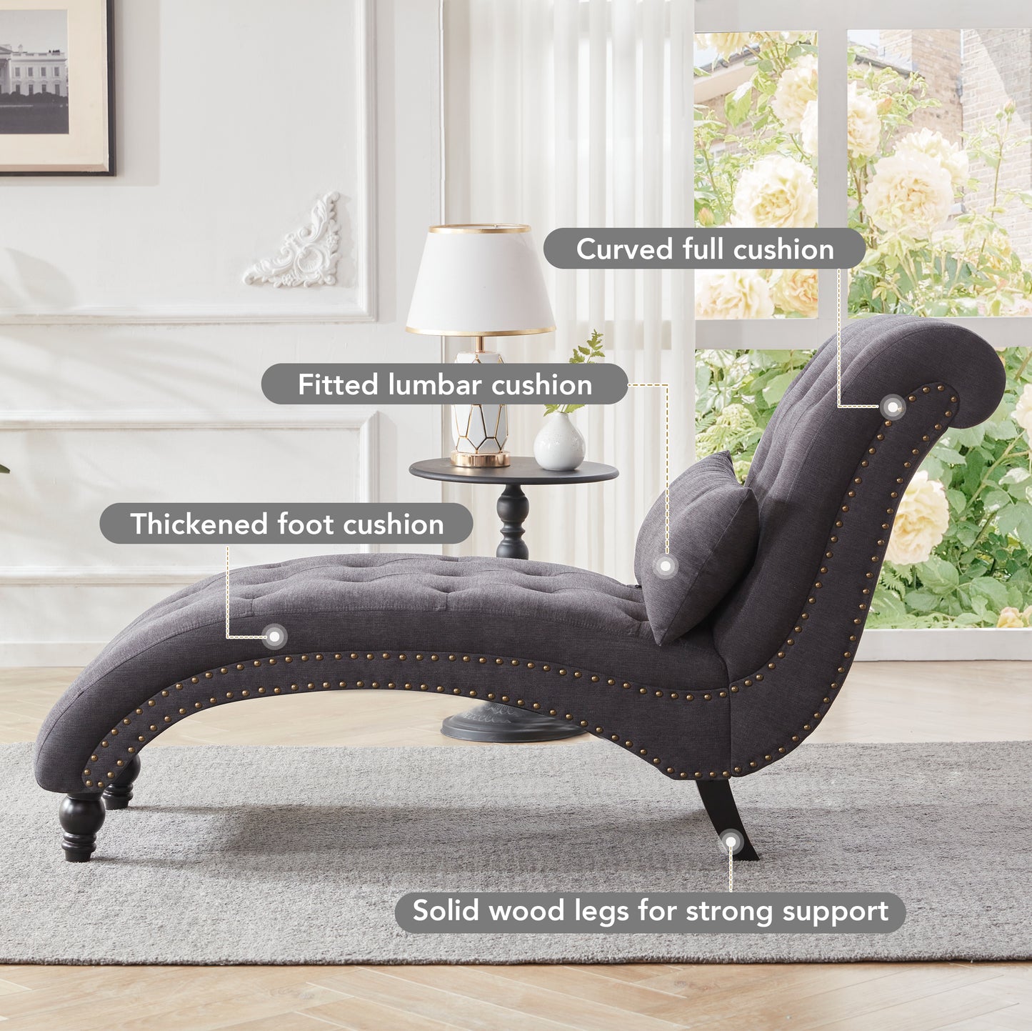 MangodanTufted Soft Chaise Lounge Indoor, Linen Rivets Chaise Lounge Chair for Bedroom Living Room