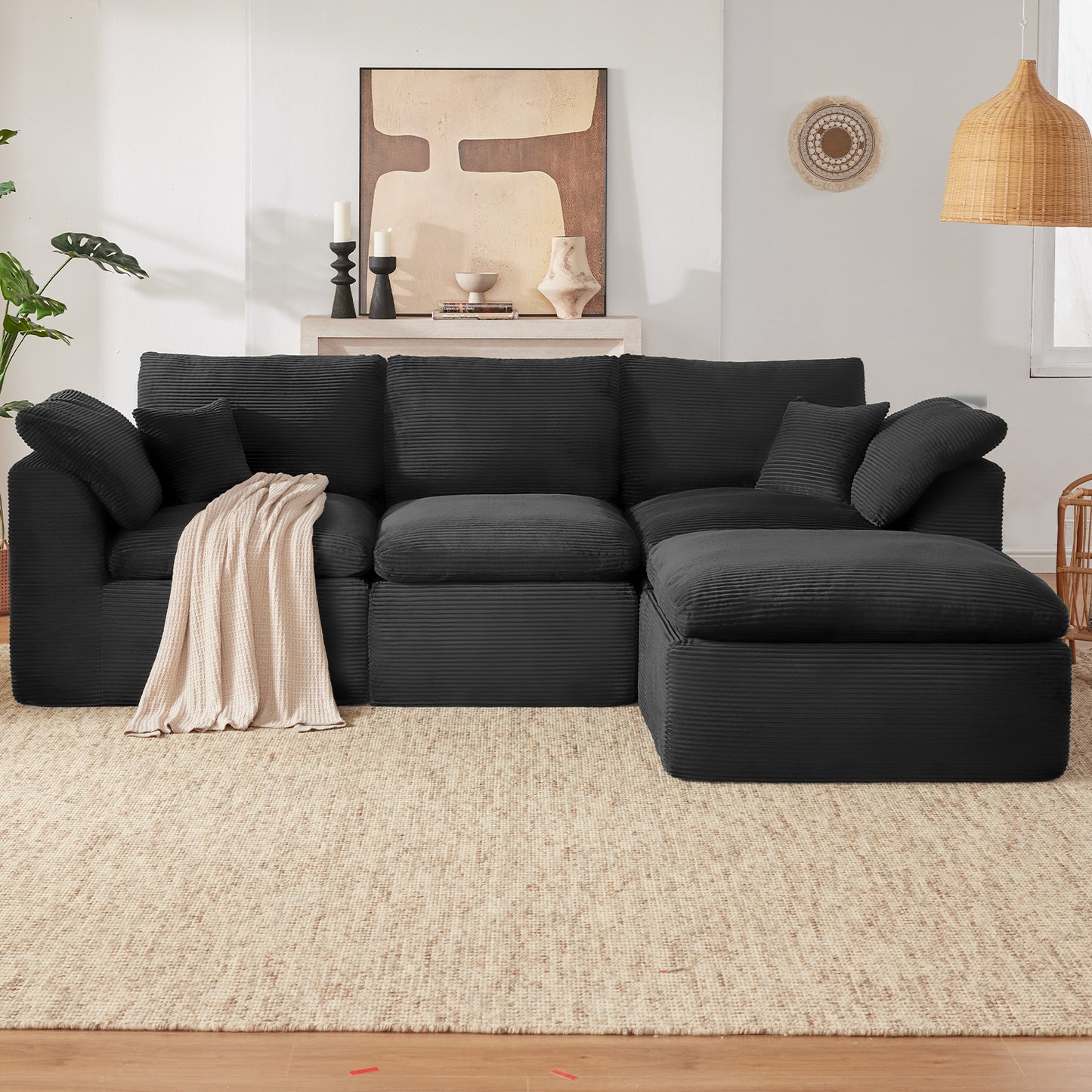 Mangodan  Sectional Couch, Boneless Couches for Living Room, L Shaped Couch with Convertible Ottoman