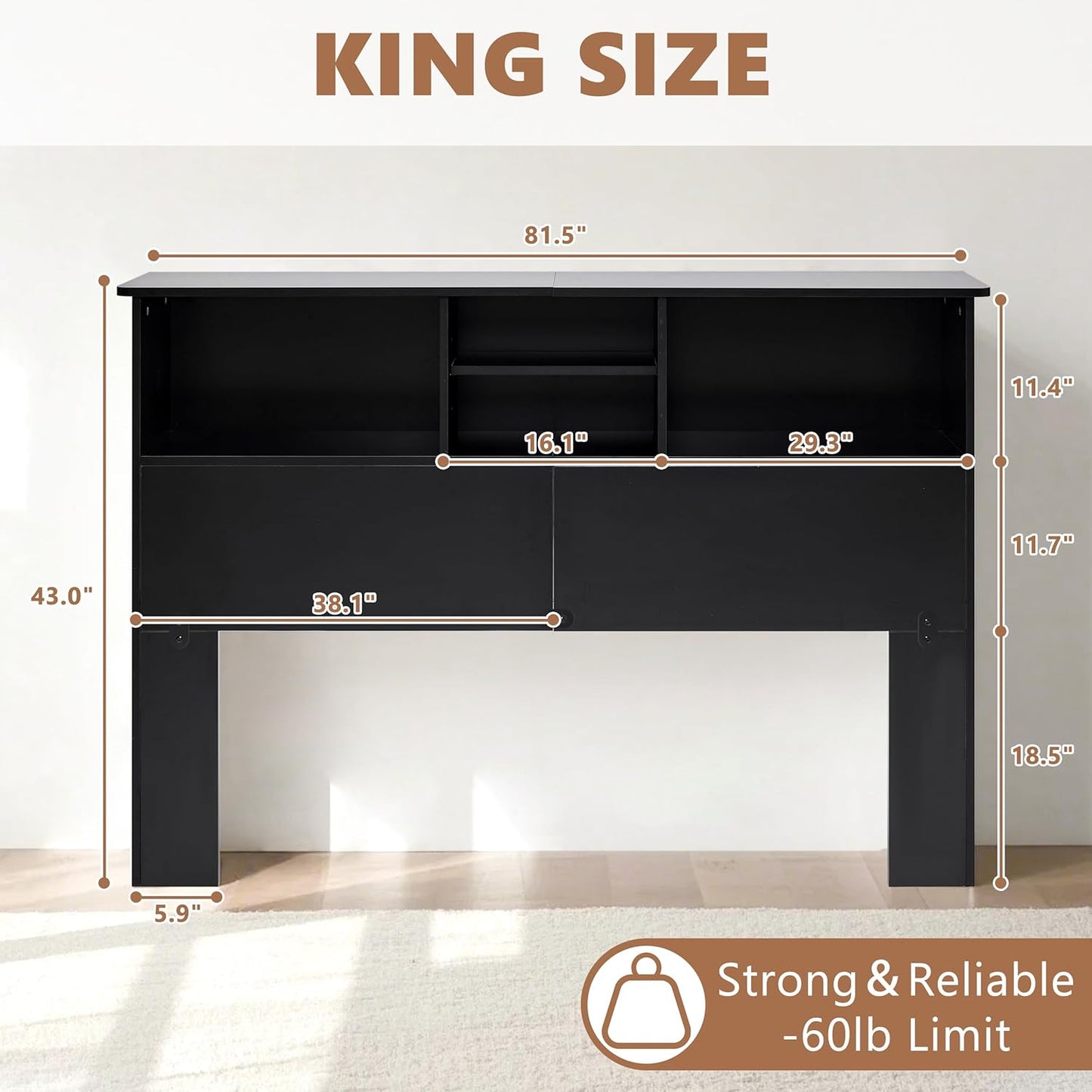 Sturdy and Durable Wood Headboards with 4 Compartments, Full/Queen Headboard with Storage