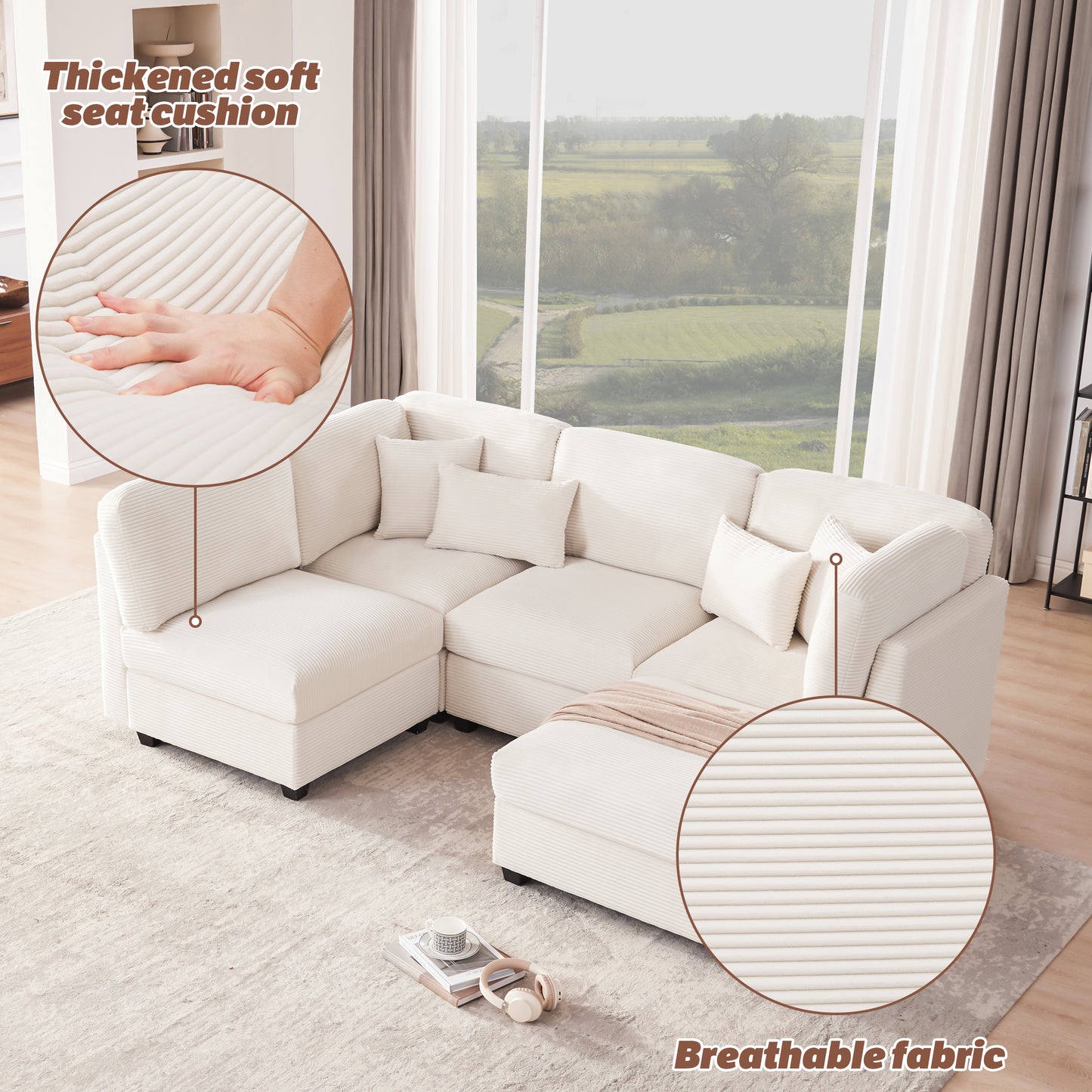 Huatean Home125 Inch Oversized Corduroy Modular Sectional Sofa, U Shaped Modular Couch with Storage