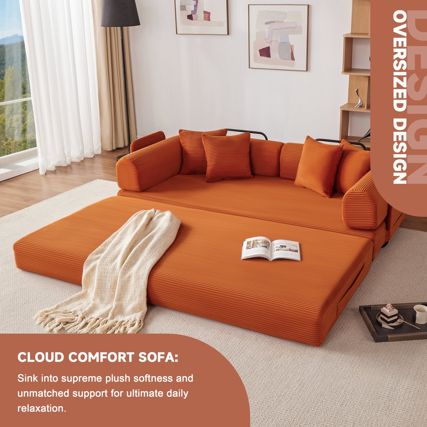 78 Inch Corduroy Convertible Sleeper Sofa Bed, 4-in-1 Oversized Futon Boneless Couches for Living Room with Fixed-Shape Frame