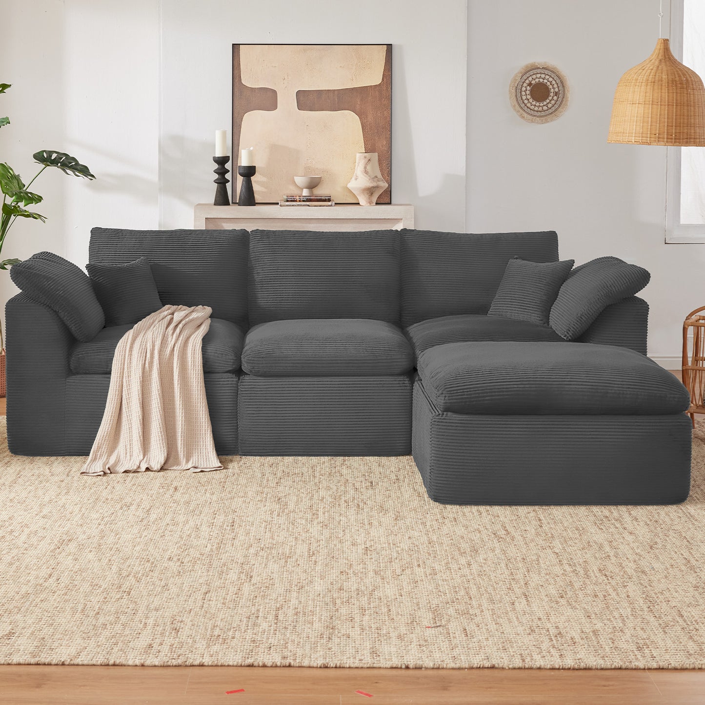 Mangodan  Sectional Couch, Boneless Couches for Living Room, L Shaped Couch with Convertible Ottoman