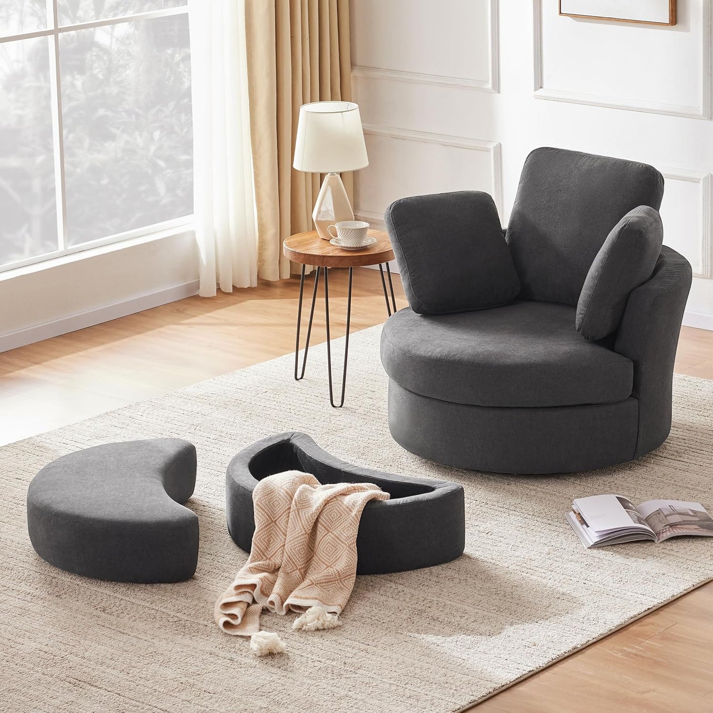 Mangodan39” Swivel Accent Barrel Chairs with Removable Headrest, Chaise Lounge Indoor with Neck Support Pillow, Swivel Chairs for Living Room