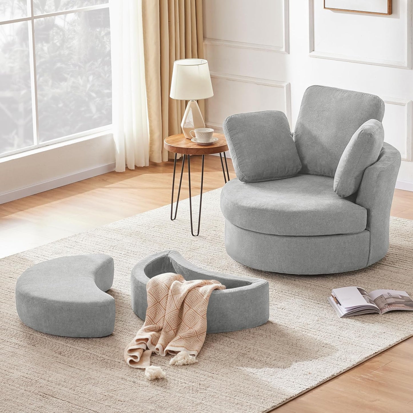 Mangodan39” Swivel Accent Barrel Chairs with Removable Headrest, Chaise Lounge Indoor with Neck Support Pillow, Swivel Chairs for Living Room