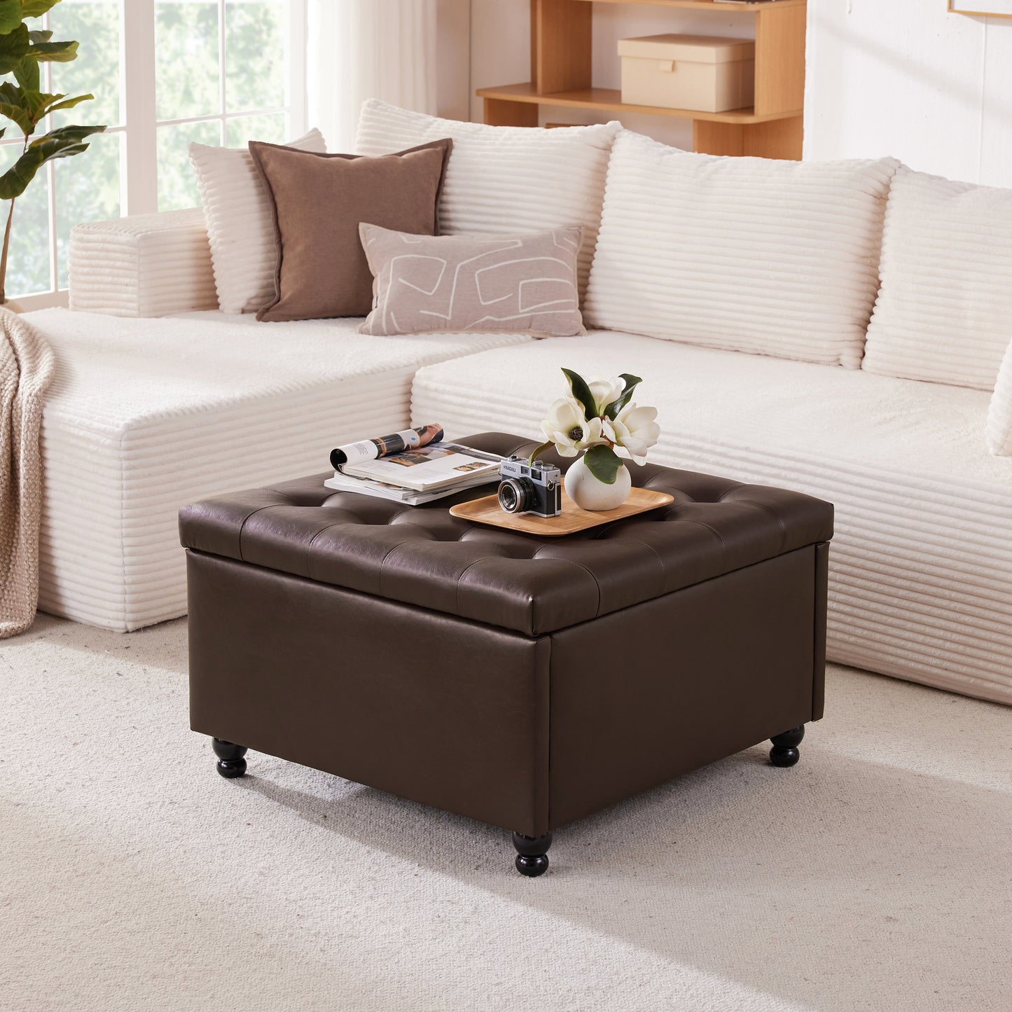 30 Inch Large Square Storage Ottoman Coffee Table, Oversized Square Ottoman with Storage