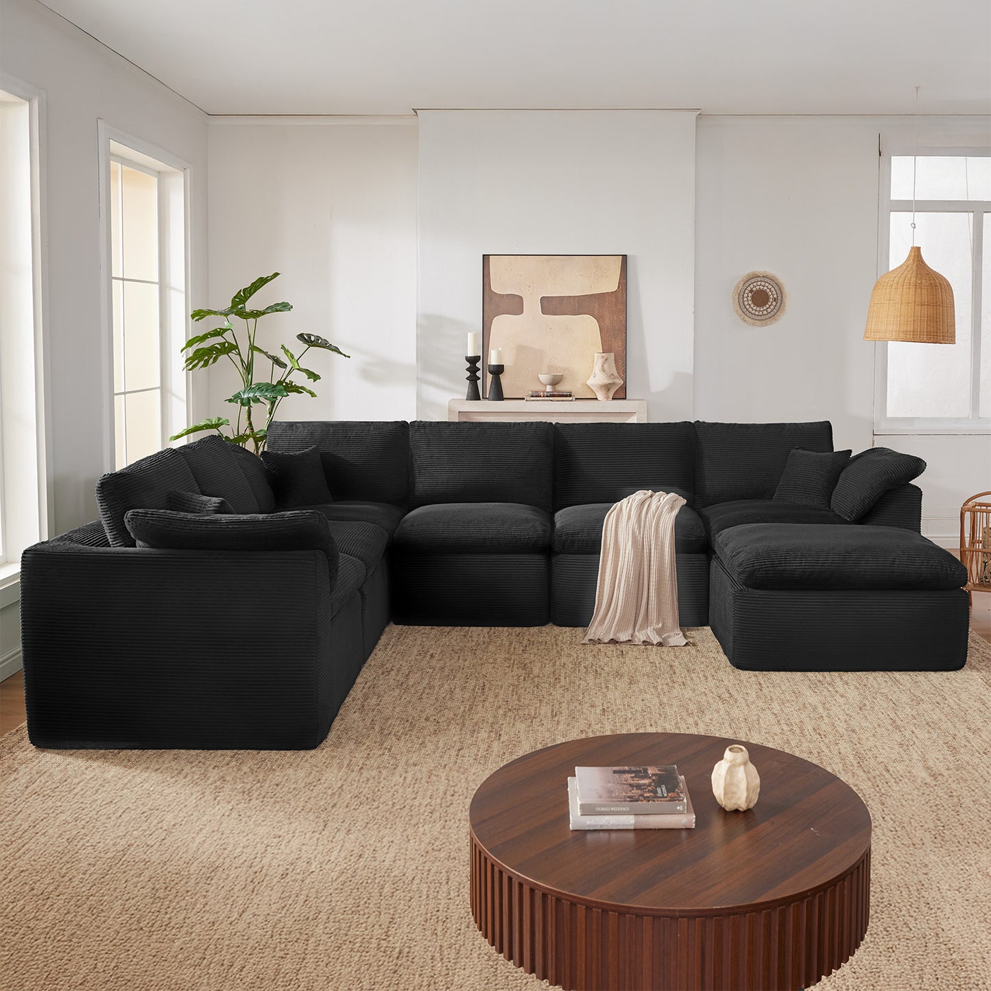 Mangodan  Sectional Couch, Boneless couches for Living Room, U Shaped Couch with Convertible Ottoman