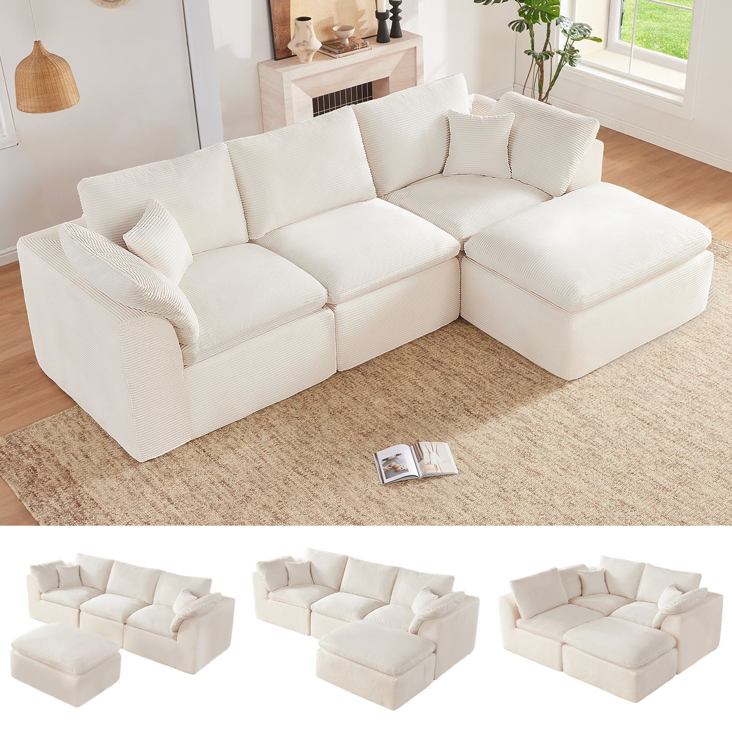 Mangodan  Sectional Couch, Boneless Couches for Living Room, L Shaped Couch with Convertible Ottoman