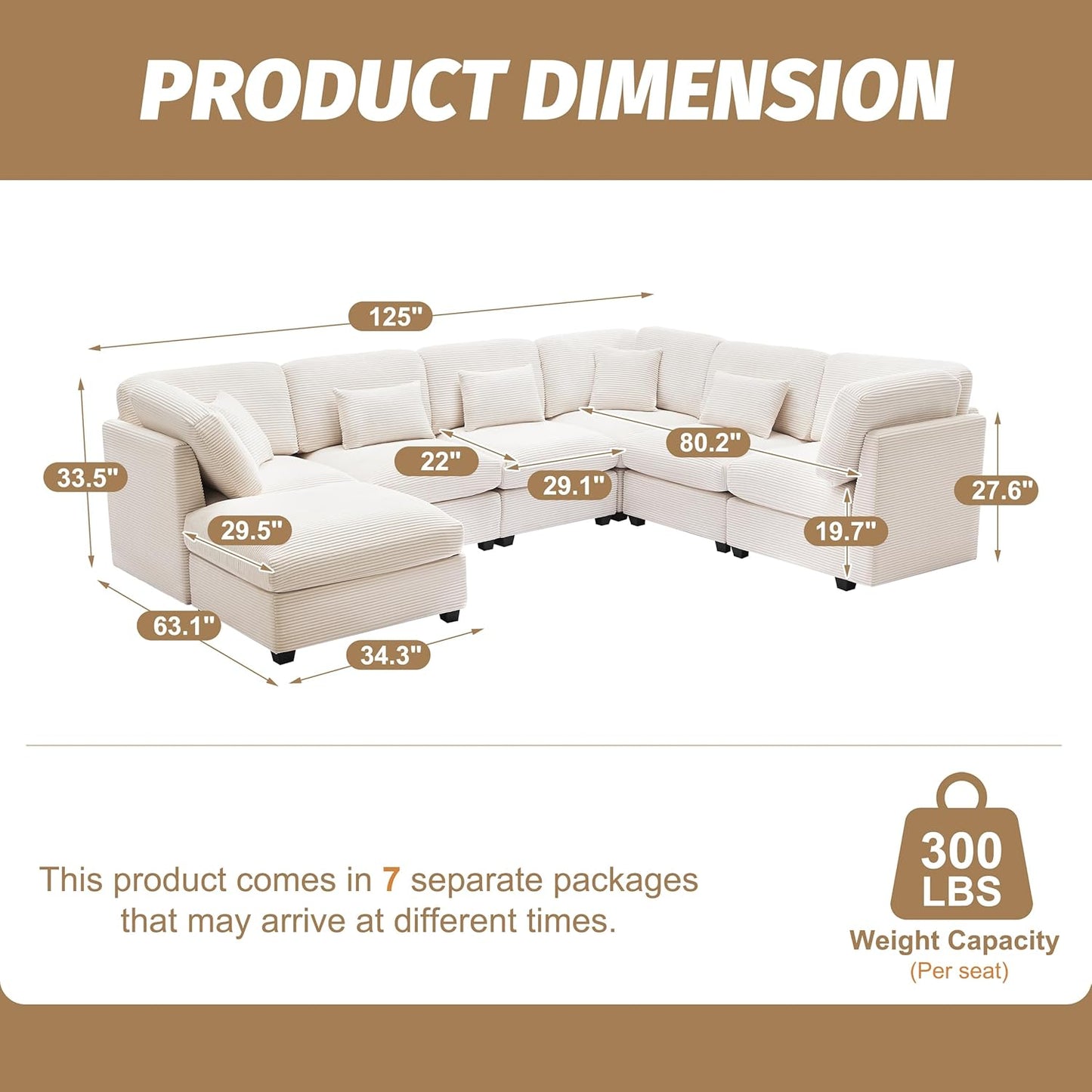 Huatean Home125 Inch Oversized Corduroy Modular Sectional Sofa, U Shaped Modular Couch with Storage