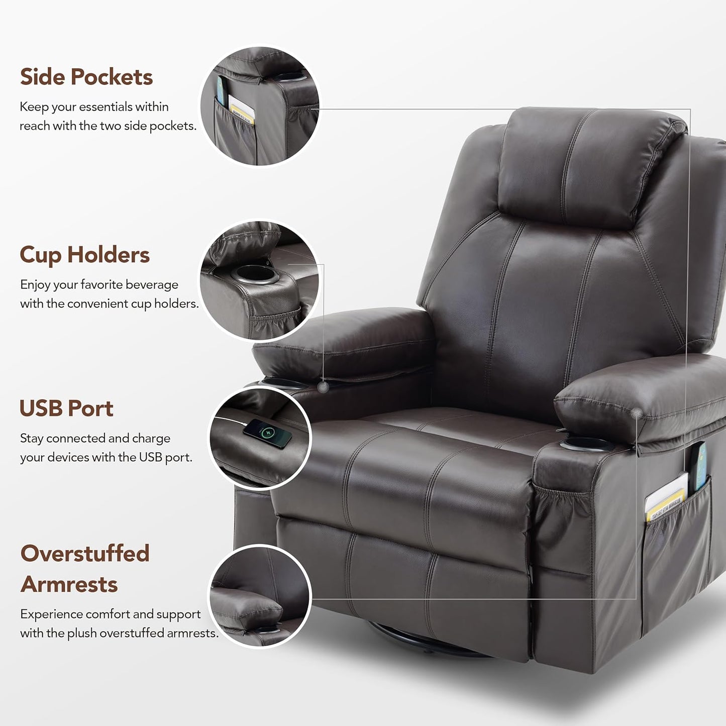 Swivel Rocker Recliner Chair with Heat and Massage, Big Oversized Rocking Single Sofa for Living Room, 360 Degree Swivel Recliner Chair with Cup Holders and USB Port