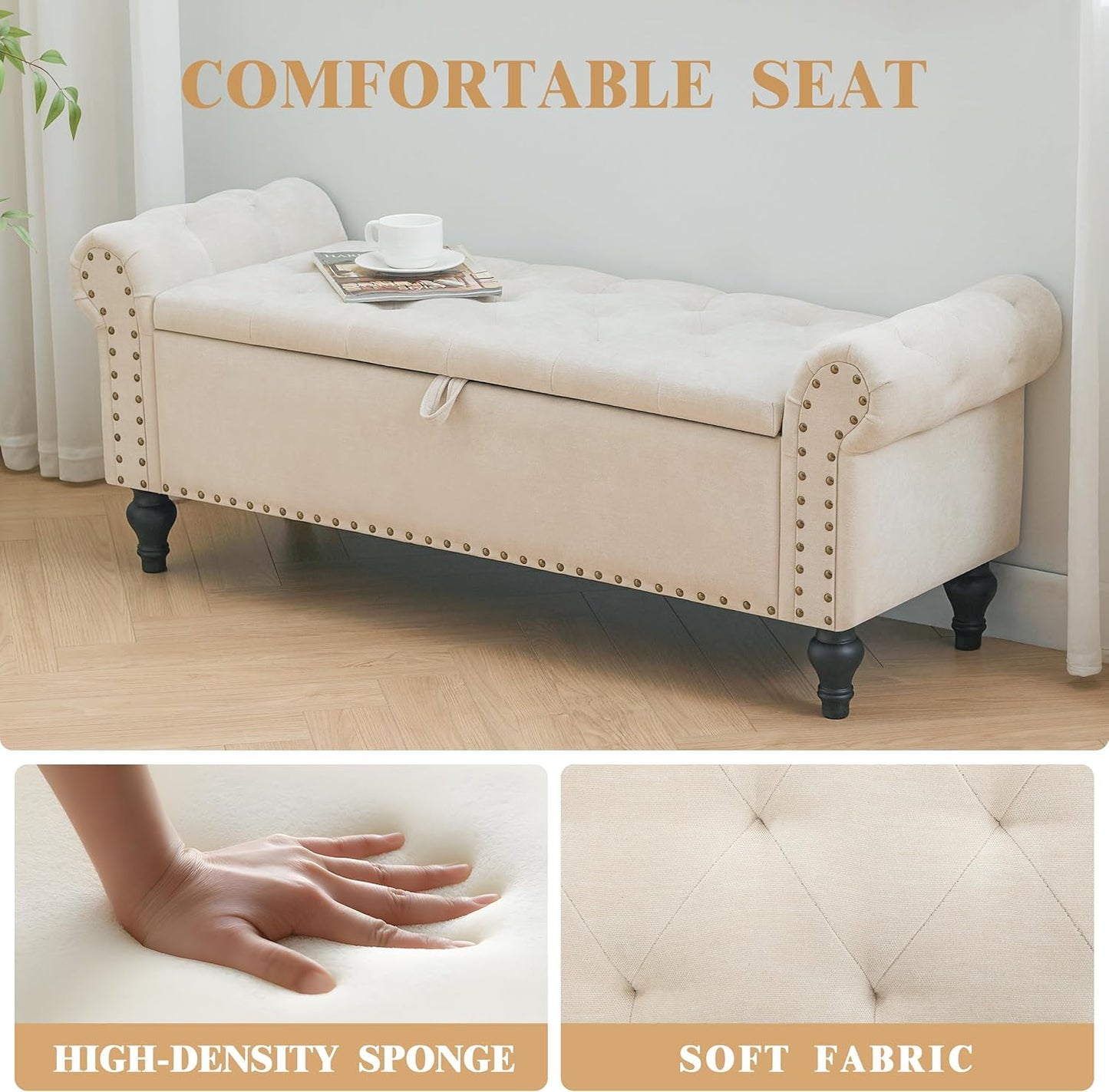 Ottoman Bench, End of Bed Bench for Bedroom, Storage Ottomans for Foot of Bed, Chenille Upholstered Benches
