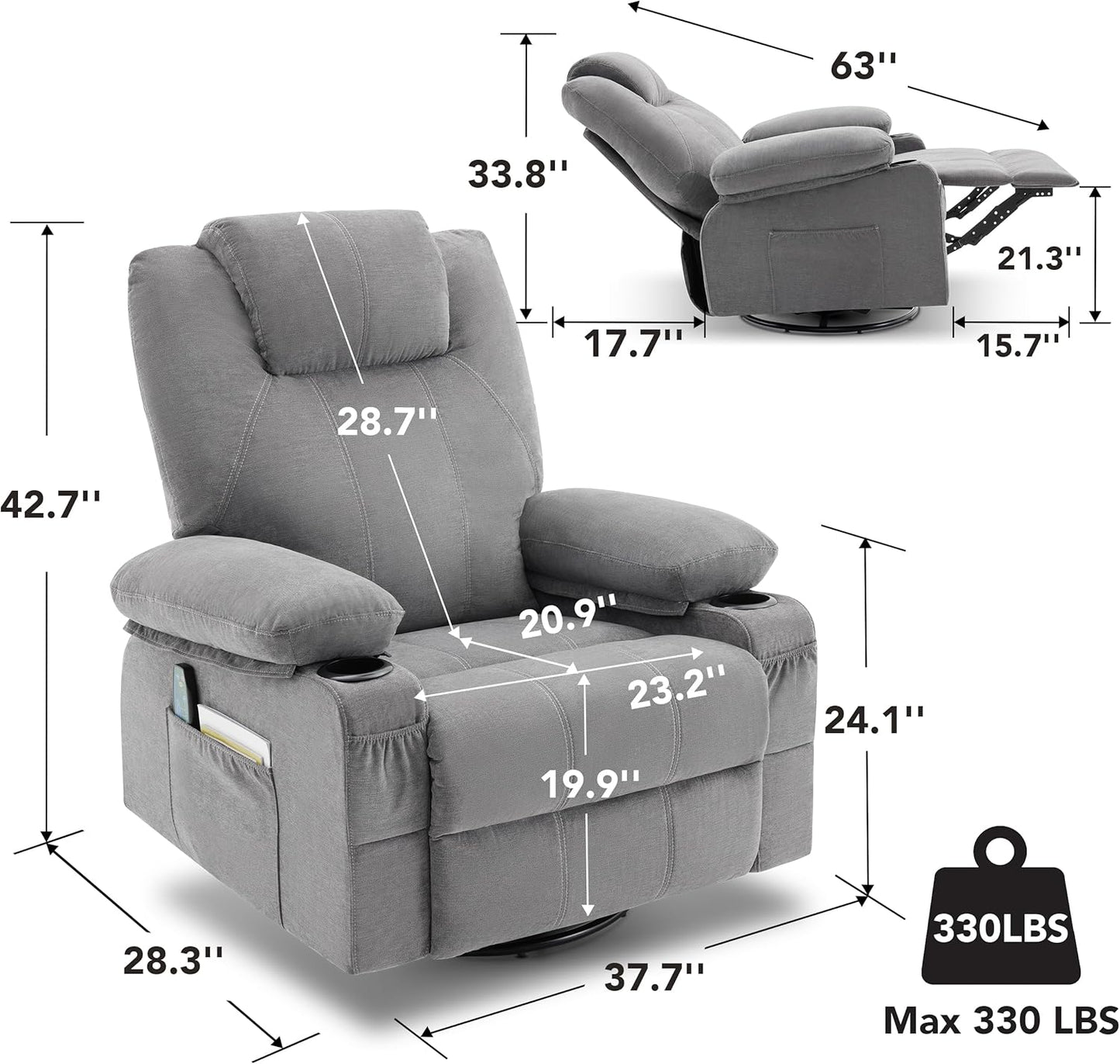 Swivel Rocker Recliner Chair with Heat and Massage, Big Oversized Rocking Single Sofa for Living Room, 360 Degree Swivel Recliner Chair with Cup Holders and USB Port