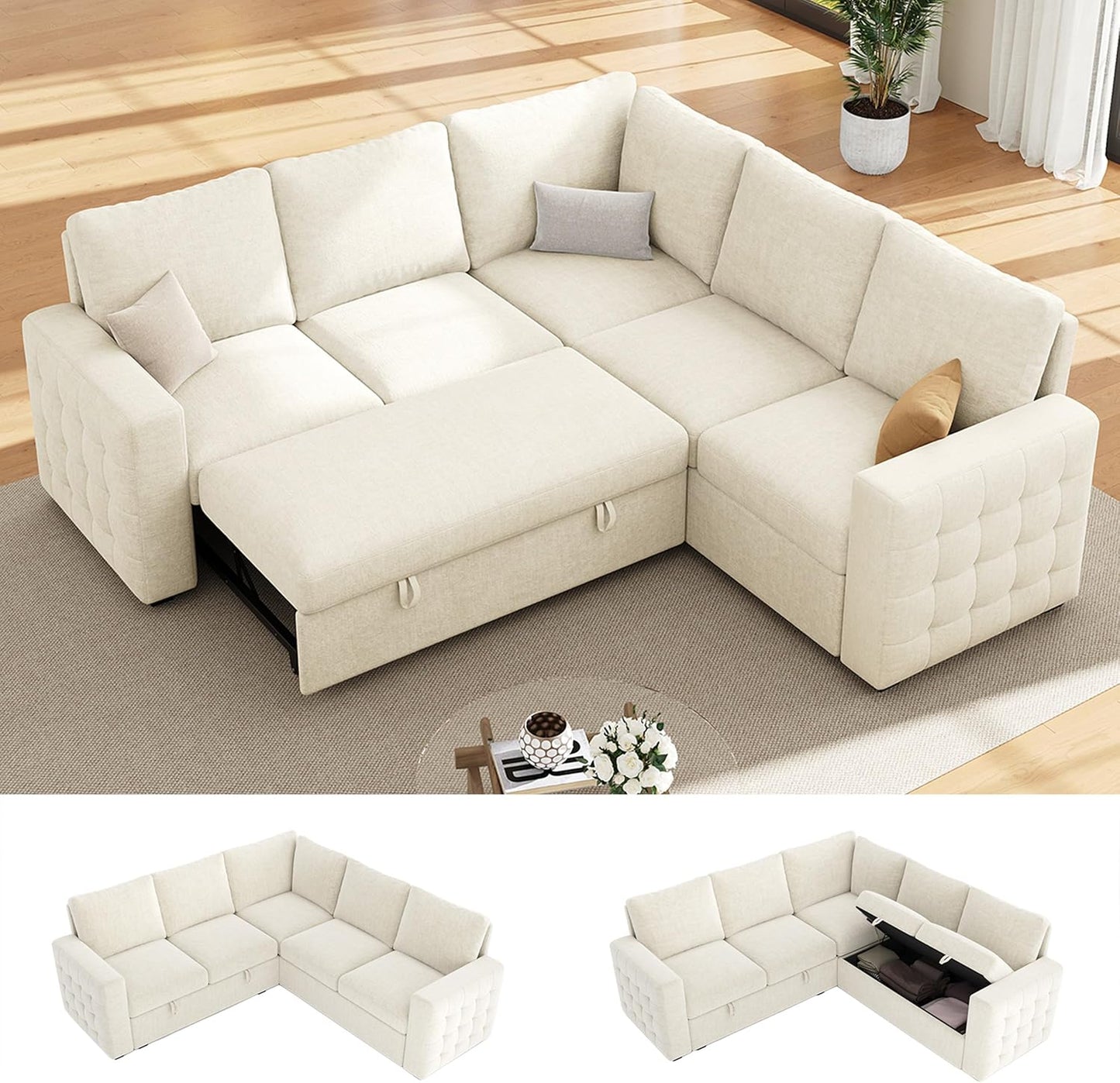 86" Sectional Sleeper Sofa Bed, Sleeper Couch with Pull out Bed