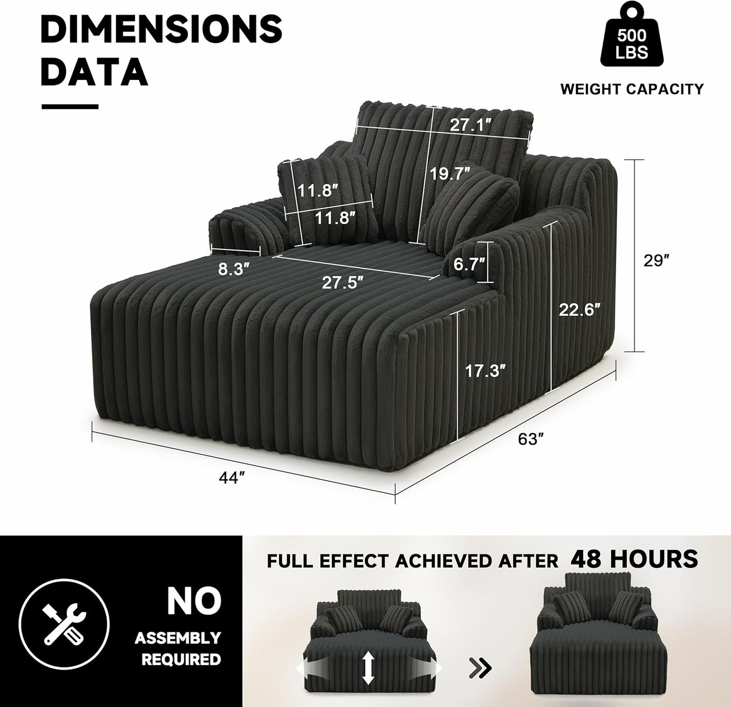 63" Oversized Chaise Lounge Chair Indoor, Boneless Couch Chair with 3 Pillows