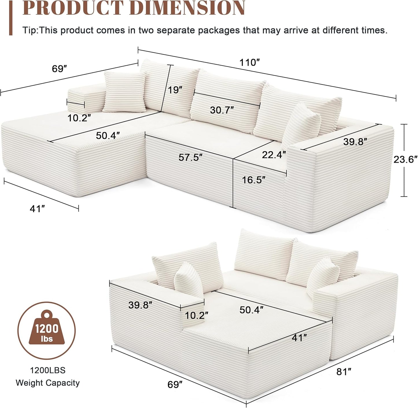 MangodanSectional Couch, Modular Sectional Sofa for Living Room, Boneless Sofa with Deep Seat, Comfy Fluffy Couch with L-Shaped Chaise