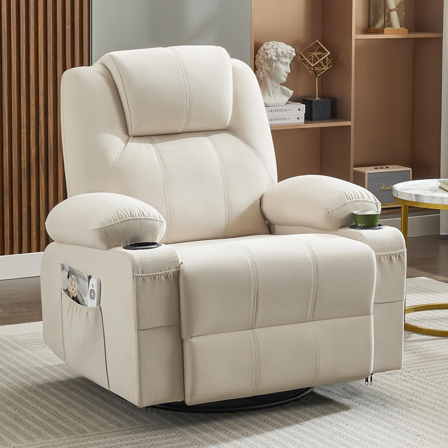 Swivel Rocker Recliner Chair with Heat and Massage, Big Oversized Rocking Single Sofa for Living Room, 360 Degree Swivel Recliner Chair with Cup Holders and USB Port
