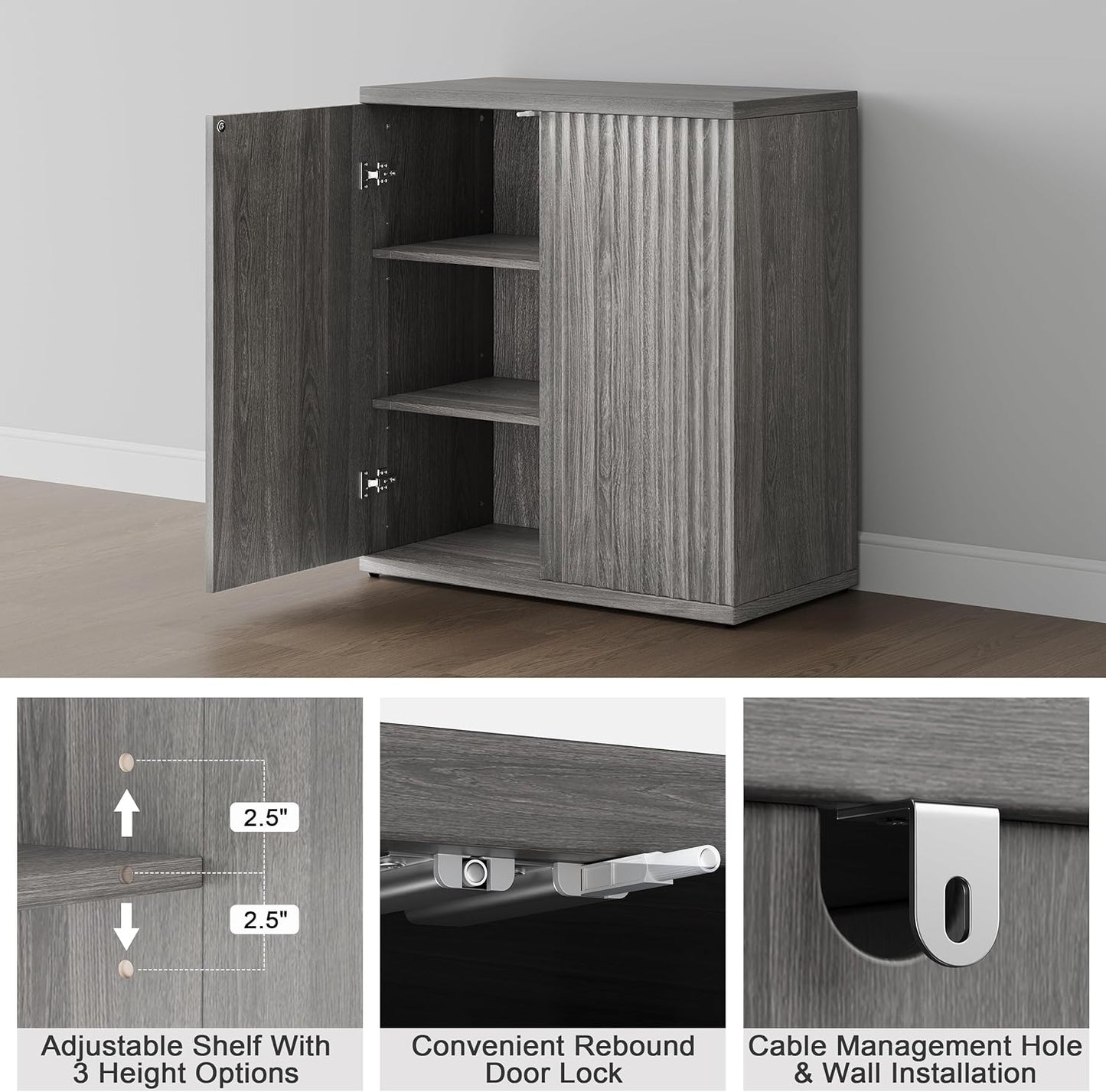 Buffet Sideboard Cabinet with Storage, 34.2" H Fluted Credenza with Adjustable Shelves