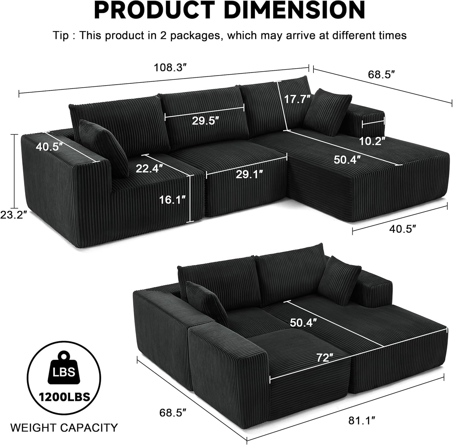 Cloud Couch Sectional with Deep Seat, Comfy Couch with L-Shaped Chaise