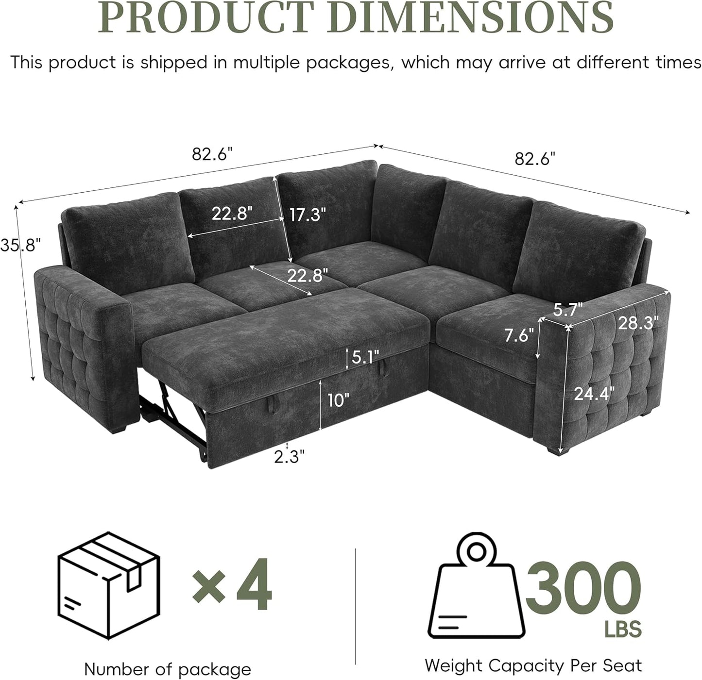 86" Sectional Sleeper Sofa Bed, Sleeper Couch with Pull out Bed