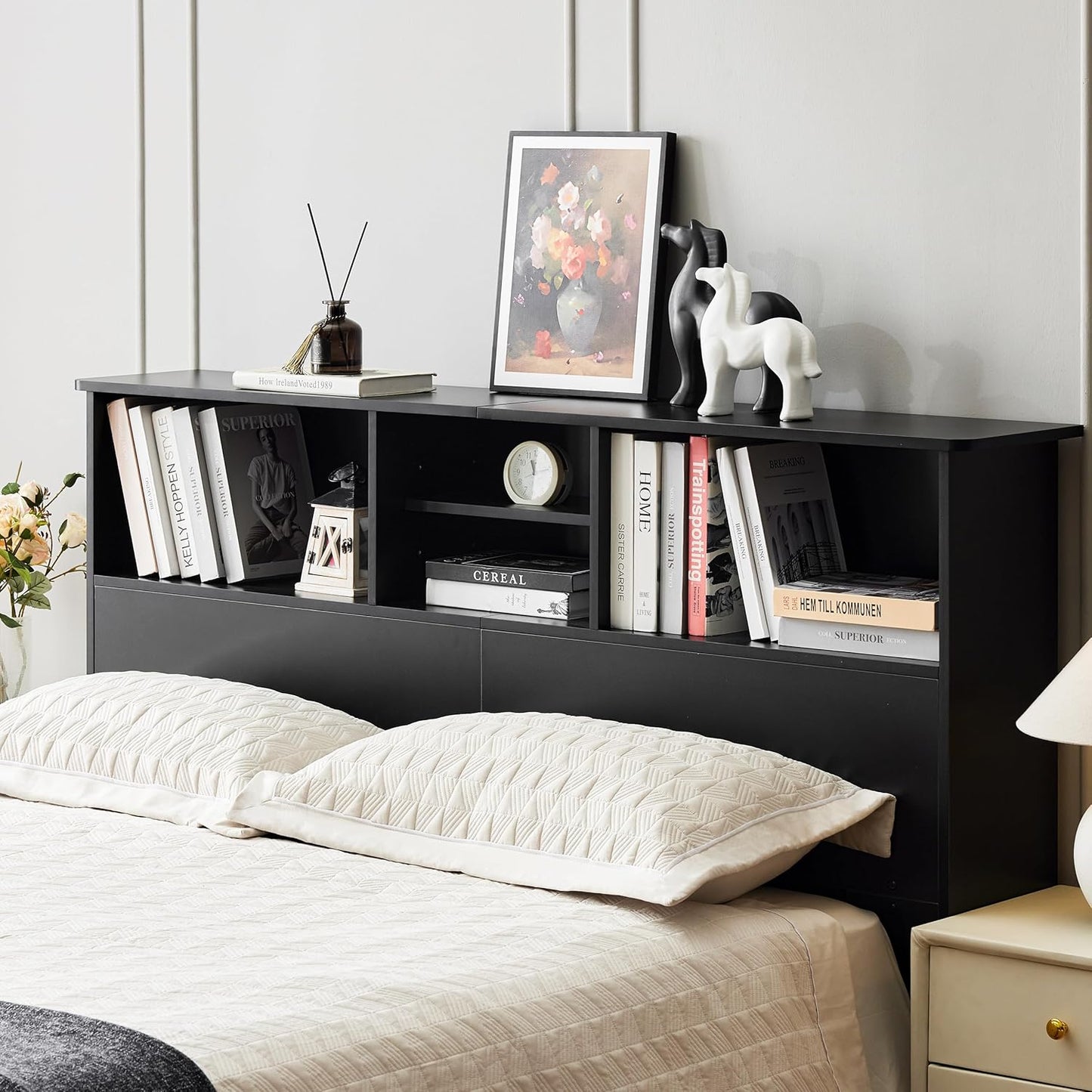 Sturdy and Durable Wood Headboards with 4 Compartments, Full/Queen Headboard with Storage