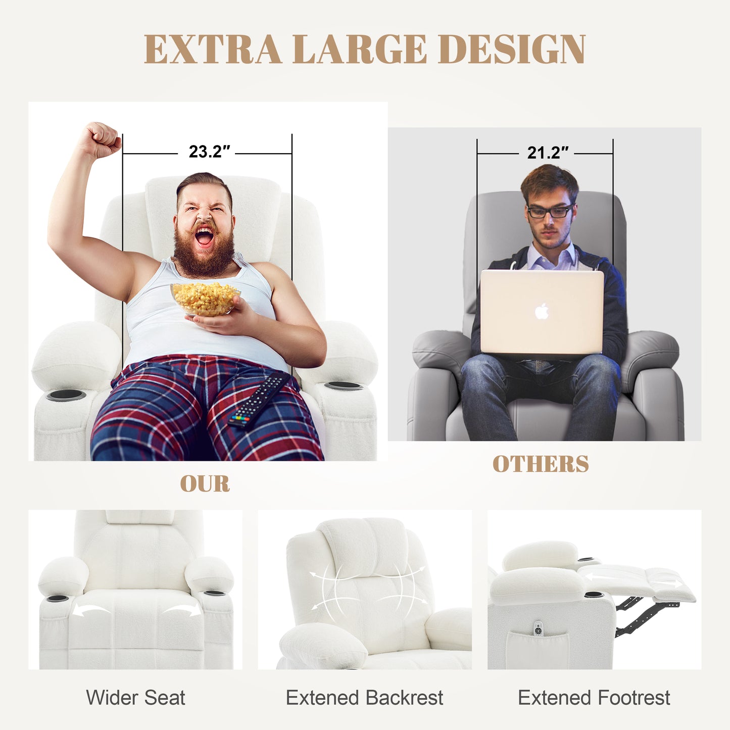 Swivel Rocker Recliner Chair with Heat and Massage, Big Oversized Rocking Single Sofa for Living Room, 360 Degree Swivel Recliner Chair with Cup Holders and USB Port