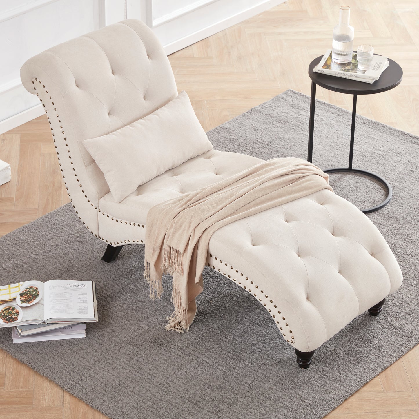 MangodanTufted Soft Chaise Lounge Indoor, Linen Rivets Chaise Lounge Chair for Bedroom Living Room