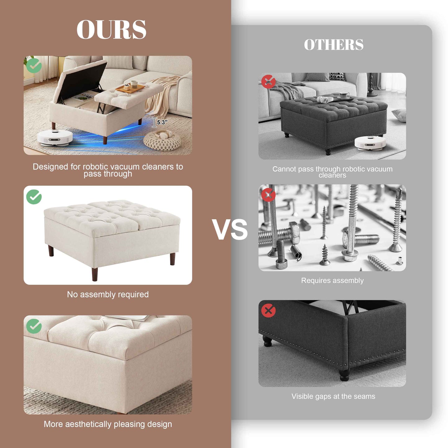 35 Inch Extra Large Storage Ottoman Coffee Table, No Assembly Required