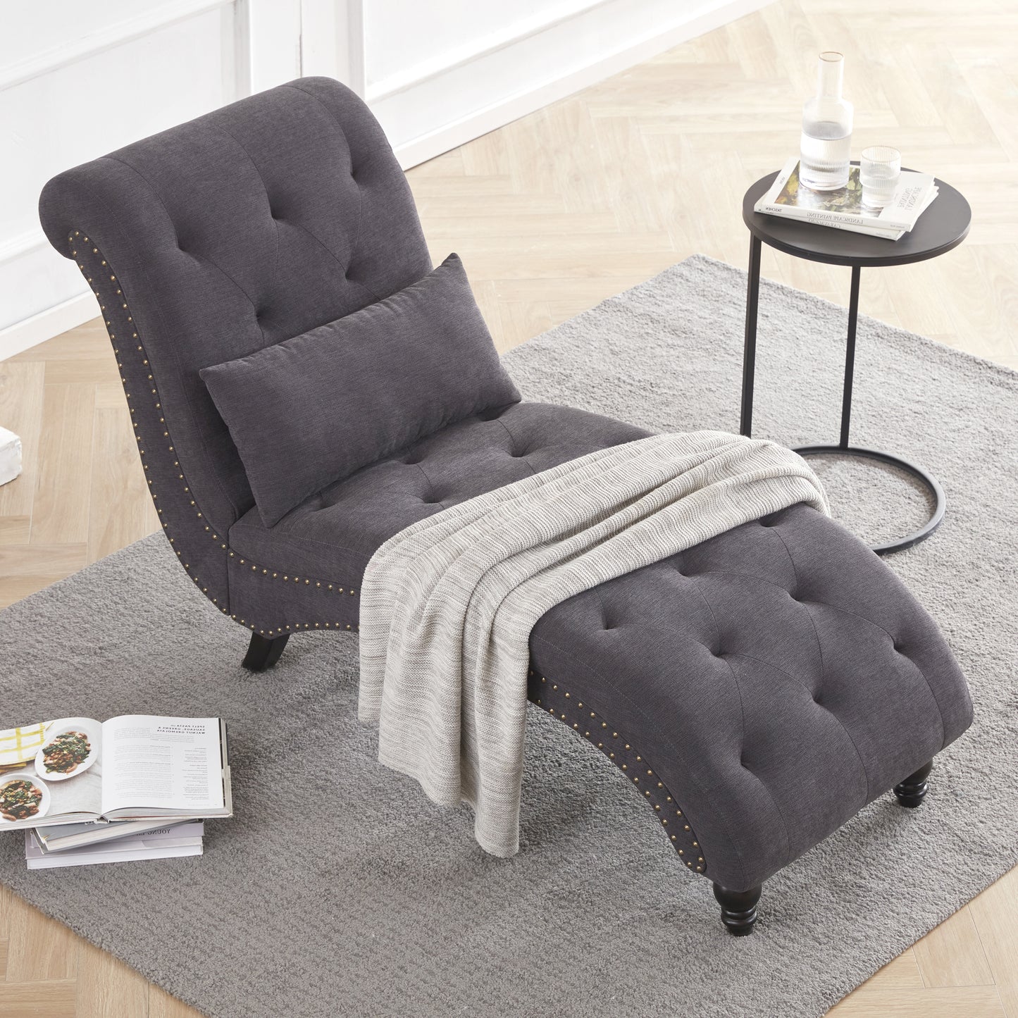 MangodanTufted Soft Chaise Lounge Indoor, Linen Rivets Chaise Lounge Chair for Bedroom Living Room