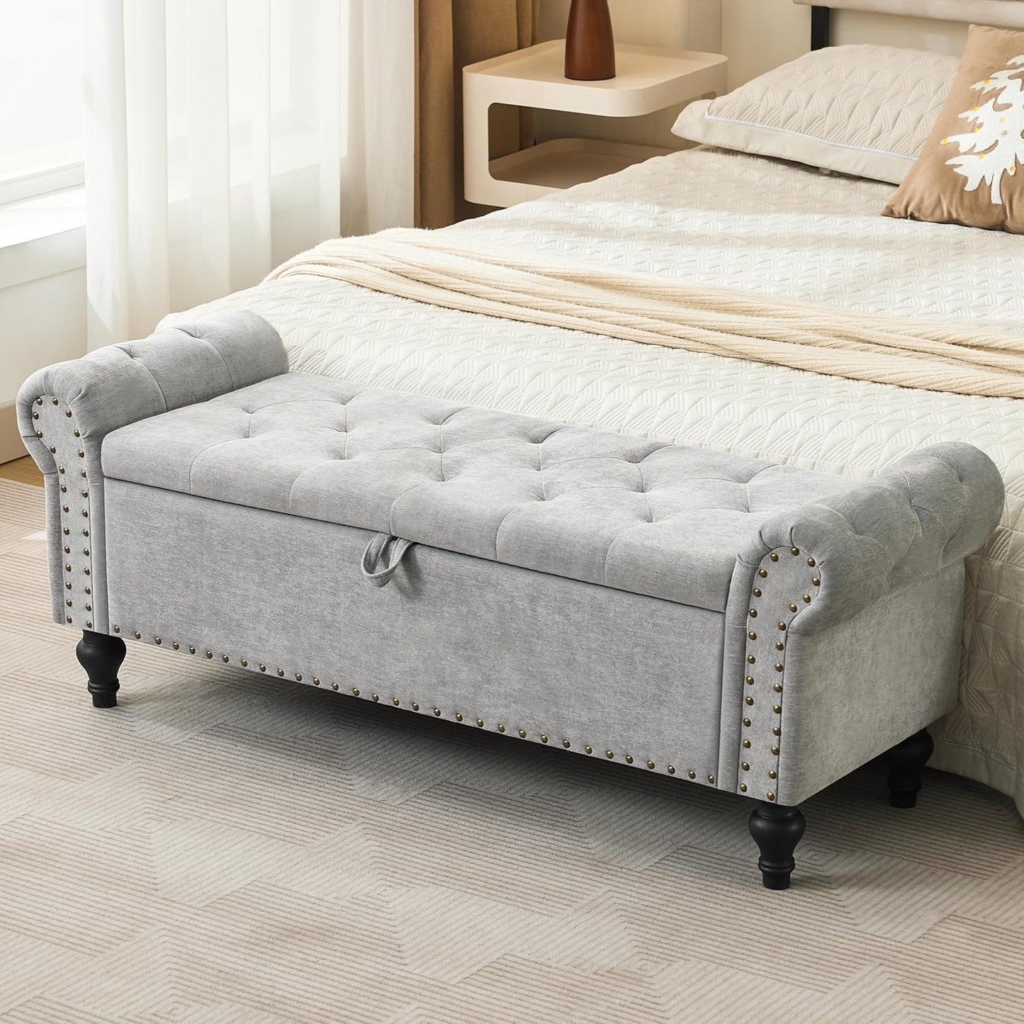 Ottoman Bench, End of Bed Bench for Bedroom, Storage Ottomans for Foot of Bed, Chenille Upholstered Benches