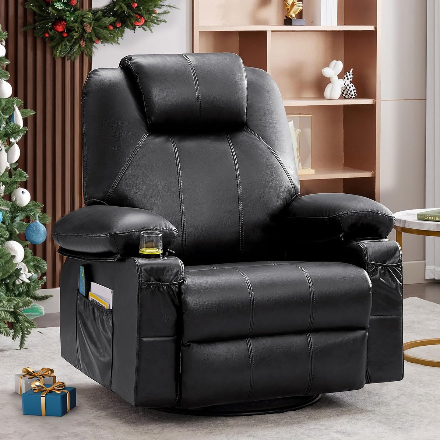 Swivel Rocker Recliner Chair with Heat and Massage, Big Oversized Rocking Single Sofa for Living Room, 360 Degree Swivel Recliner Chair with Cup Holders and USB Port