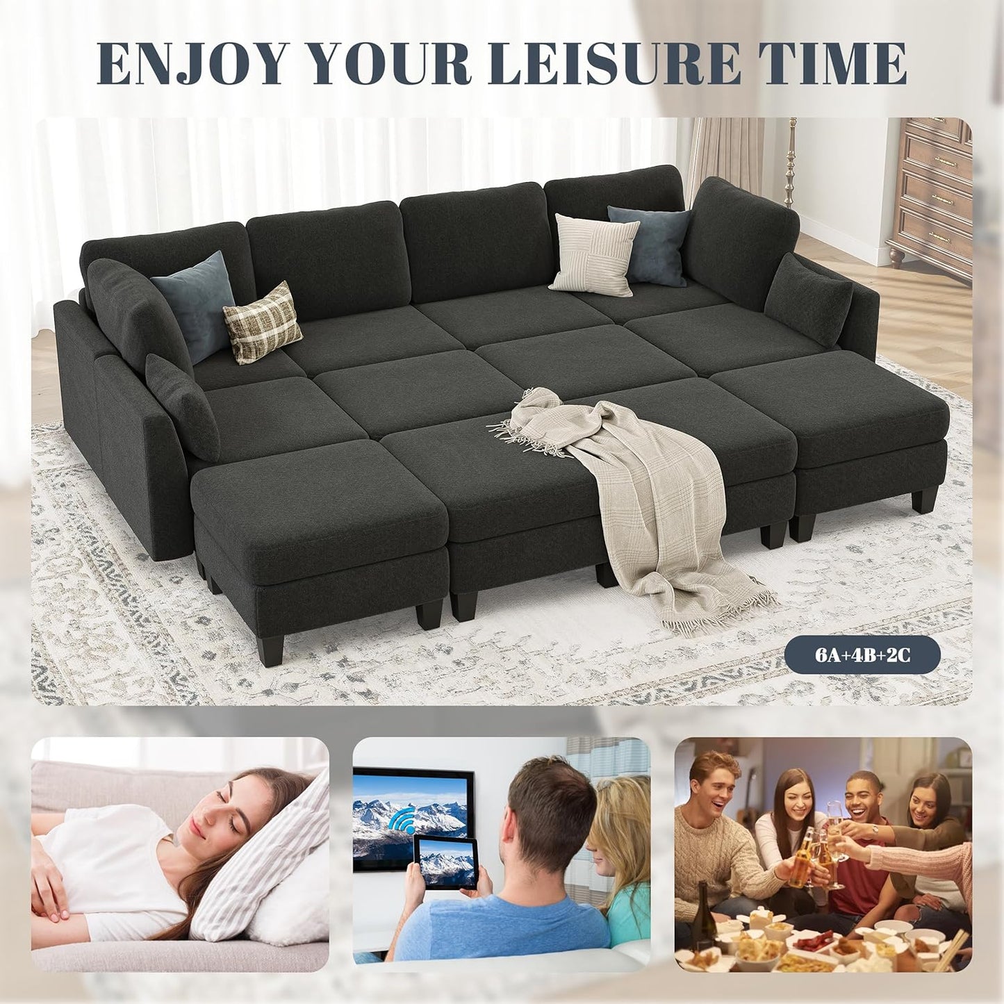 Huatean HomeSectional Sleeper Sofa, Comfy Sectionals Couches Bed, Convertible Sofas with Ottomans
